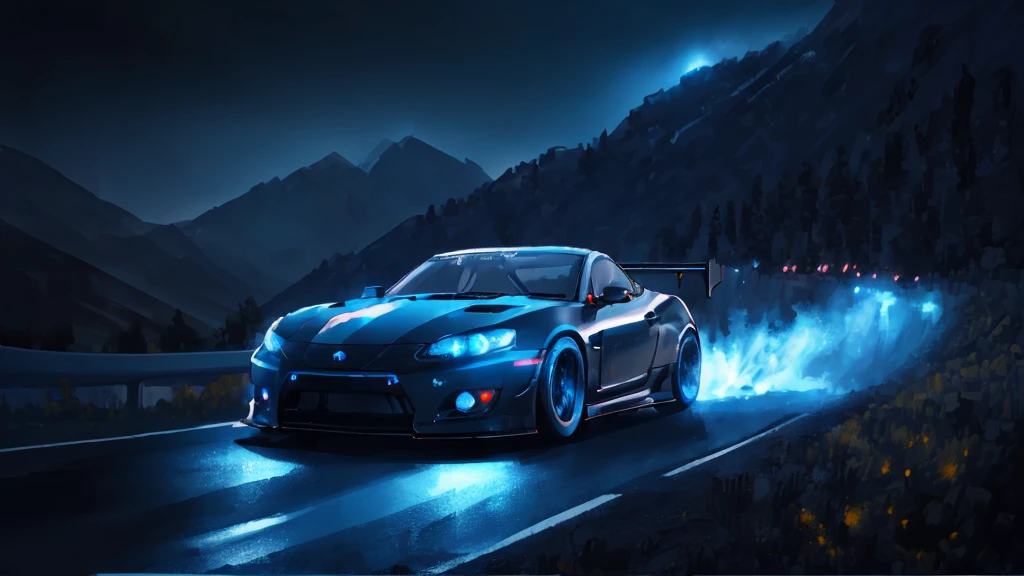 (black sports car, blue headlights, drift driving, car racing), (mountain pass road at night, blue neon), (8k, extremaly detailed, lighting like a movie, lense flares)