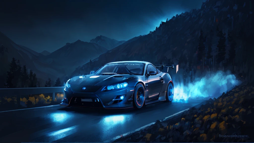 (black sports car, blue headlights, drift driving, car racing), (mountain pass road at night, blue neon), (8k, extremaly detailed, lighting like a movie, lense flares)