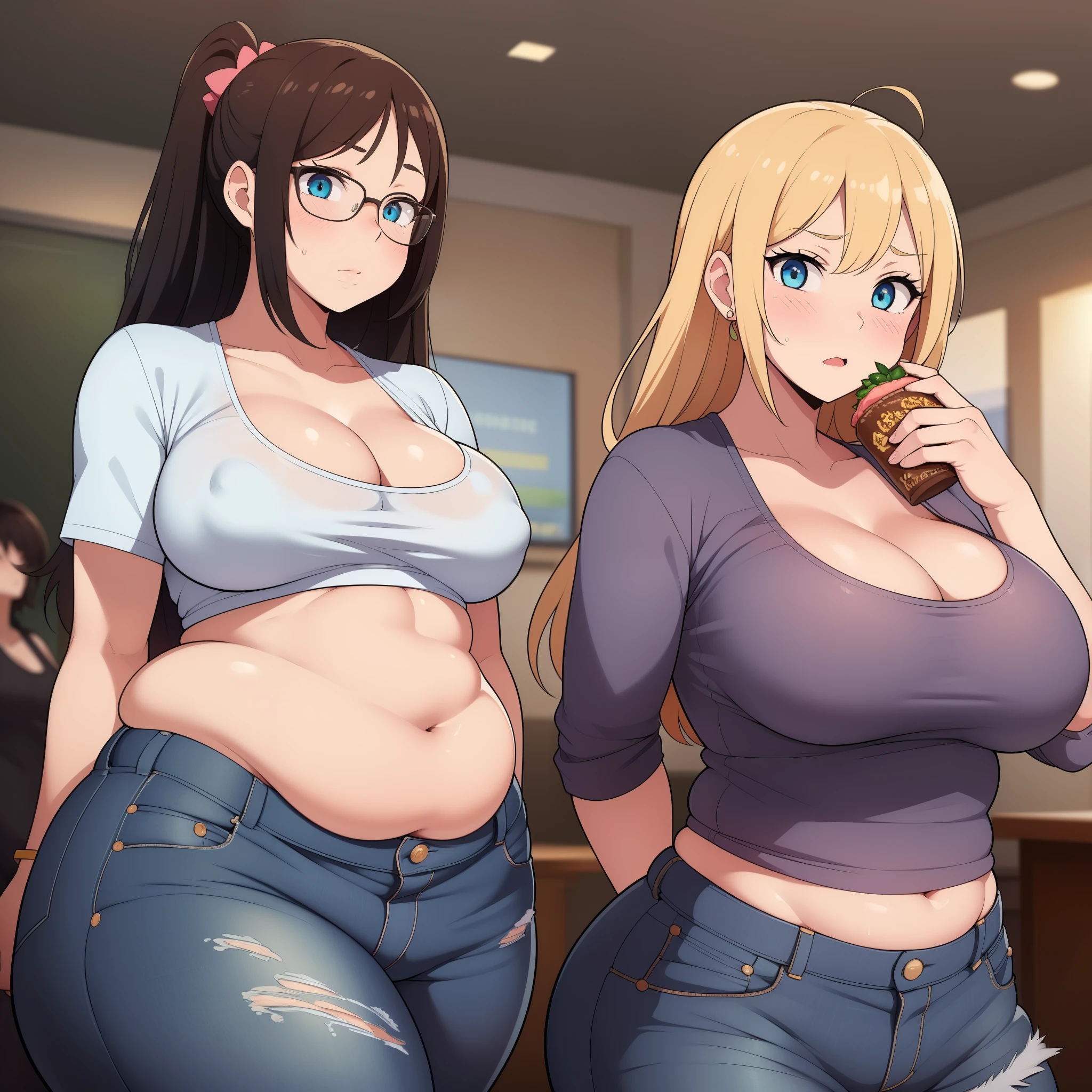 ((Masterpiece)), perfect anatomy, perfect shading, field of depth, (best quality), extremely delicate and beautiful, perfect lighting, detailed face, ultra cute face, cute, ((blush)), nervous, ((2girls)),
one girl has blonde hair, blue eyes, crop top and shorts, one girl has brown hair, green eyes, jeans, white shirt, thighs clothes, full body, medium breasts, cleavage, ((wide hips)), ((thick thighs)), ((chubby)), chubby belly, fat folds,
fast food restaurant, standing,