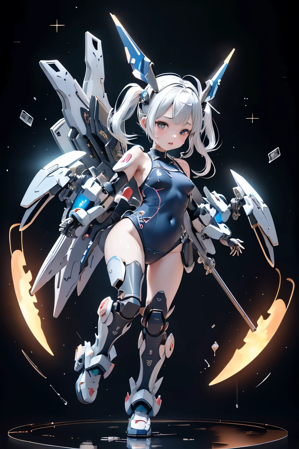 (highest quality)), ((masterpiece)), (very detailed: 1.3), 3D, (wear dark blue Old School Swimsuit under armor:1.3), 1 girl, (She is fused with futuristic Gundam mecha:1.1), with headgear, add v-fin to the forehead, armored shoulders,armored under arms, armored under legs, 2 marine thrusters attached on back, marine thrusters are symmetrical, under the calm waters of Iceland:1.2, under water, multilayer textureperfect proportions, octane rendering, duotone lighting, Low ISO, wide aperture, White balance, Rule of thirds, ultra HD16k, HDR (High Dynamic Range), Ray Tracing, NVIDIA RTX, Super Resolution, Subsurface Scattering, PBR Texturing, Post Processing, Anisotropic Filtering, Depth of Field, Maximum Clarity and Clarity, High efficiency subpixel, subpixel convolution, particles of light, light scattered, Tyndall effect, full body:1.5, battle pose, cute, (cute:1.2), (セミロング:1.3),三つ編み, 黒髪, 太い眉毛, 薄い色の虹彩, 大きくて輝いている黒い瞳, 長いまつげ, 小さく薄い色の自然な唇, (Average face of Japanese idols), (日本人特有の童顔:1.3), (baby face), 広いおでこ:1.2, ふっくらした頬, 小さな顎, looking at viewer,Focus on the eyes, (完璧な4本の指, 親指1本),