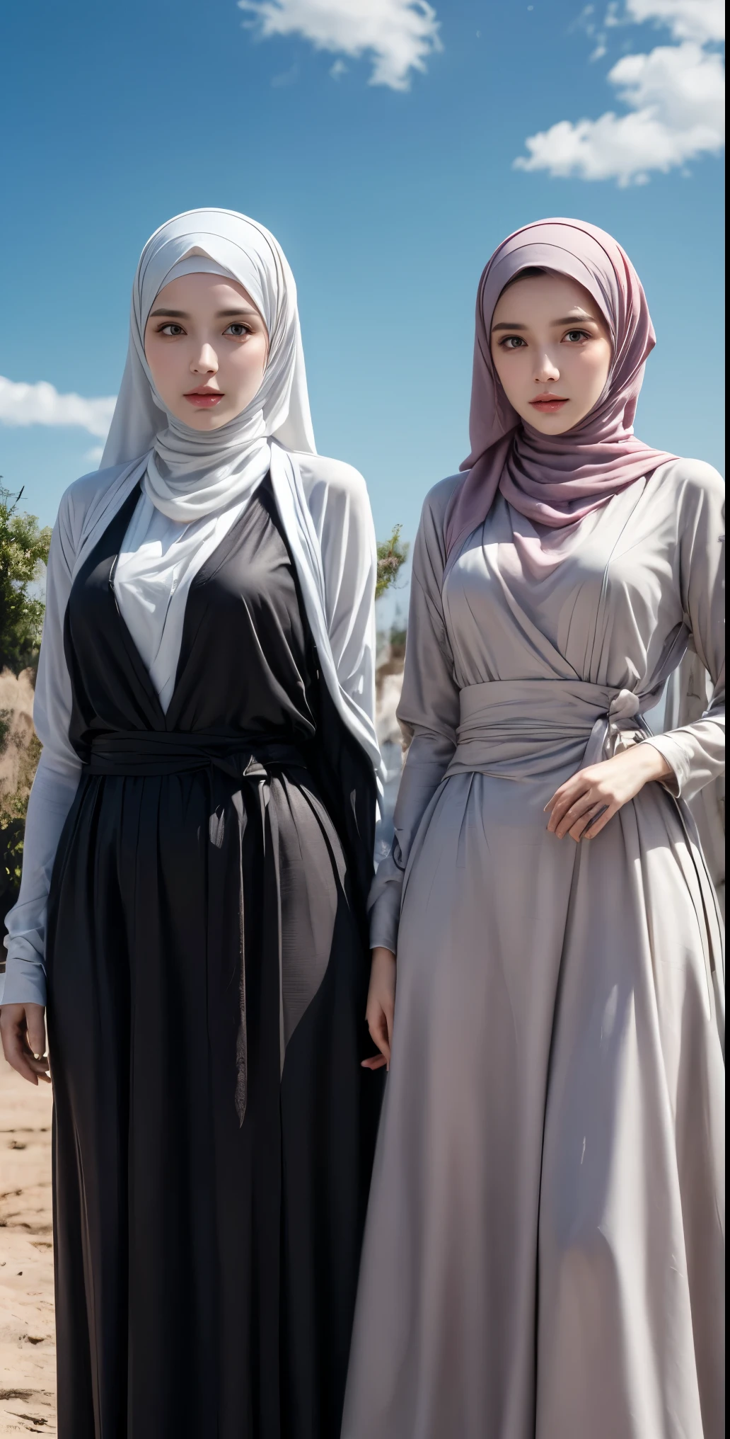 masutepiece, Best Quality, Illustration, Ultra-detailed, finely detail, hight resolution, 8K Wallpaper, Perfect dynamic composition, Multiple people, (3 girls taking photos), Beautiful detailed eyes,  Natural Lip, Wear hijab moslem, fancy jubba thobbe, photo full body, view of the blue sky, close-up photo