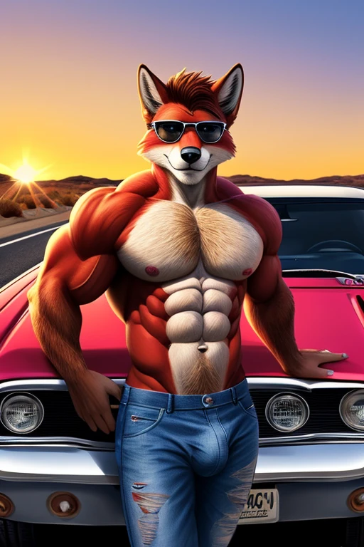 Sunset, in the desert, beautiful, vibrant colors, 1965 Ford Mustang, main focus, red body color, ultra detailed, sharp, focus, highway, road, male, anthro, Orange Fox, furry, standing next to car, leaningon side of car, arms crossed, wearing sunglasses, facing viewer (muscular:2.0), muscular arms, attractive, sexy, hairy, hot, detailed hands, detailed eyes, detailed face, abs, six pack, pecs, topless, wearing pants, denim jeans, torn clothing, massive bulge, (detailed genitals outline)