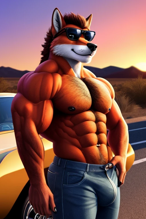 Sunset, in the desert, beautiful, vibrant colors, 1965 Ford Mustang, main focus, red body color, ultra detailed, sharp, focus, highway, road, male, anthro, Orange Fox, furry, standing next to car, leaningon side of car, arms crossed, wearing sunglasses,  facing viewer (muscular:2.0), muscular arms, attractive, sexy, hairy, hot, detailed hands, detailed eyes, detailed face, abs, six pack, pecs, topless, wearing pants, denim jeans, torn clothing, massive bulge, (detailed genitals outline) 