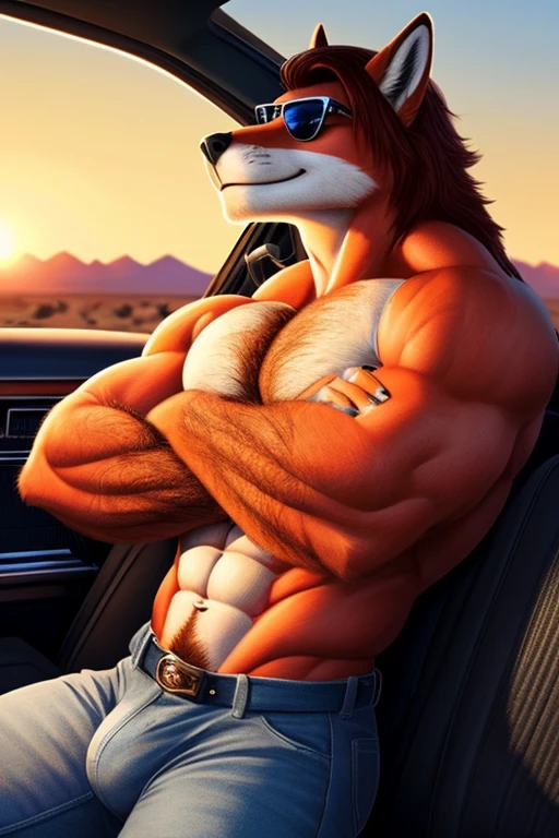 Sunset, in the desert, beautiful, vibrant colors, 1965 Ford Mustang, main focus, red body color, ultra detailed, sharp, focus, highway, road, male, anthro, Orange Fox, furry, standing next to car, leaningon side of car, arms crossed, wearing sunglasses,  facing viewer (muscular:2.0), muscular arms, attractive, sexy, hairy, hot, detailed hands, detailed eyes, detailed face, abs, six pack, pecs, topless, wearing pants, denim jeans, torn clothing, massive bulge, (detailed genitals outline) 