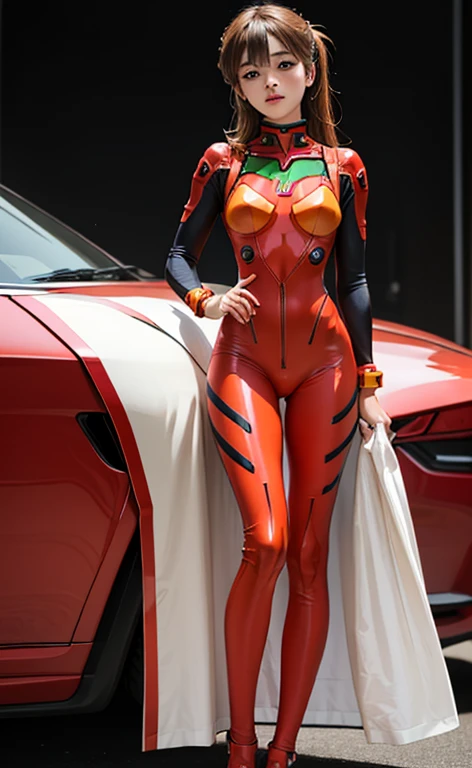 (masterpiece: 1.4, highest quality), (intricate details), unity 8k wallpaper, Super detailed, Beautiful and mysterious, detailed background, realistic, alone, Perfect detail face, detailed blue eyes, very detailed, blush, hair ornaments, chignon mahogany hair, (blonde hair), Plug suit 02,Shikinami Asuka Langley, Evangelion, slender 15 year old girl, full body suit, black background, above the waist