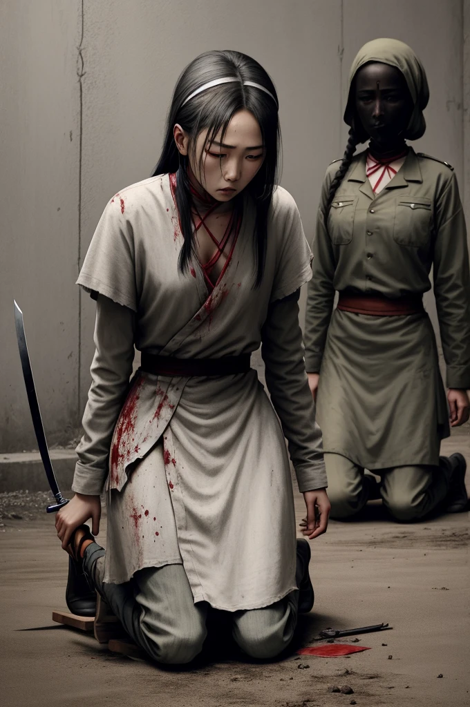 execution ground,a female prisoner of war,Thin clothes,Shivering,Hands tied behind their backs,Kneeling on the ground,A long knife next to it,Slash the neck of a beautiful prisoner of war,Blood飞溅,Blood,wounds,Separation of head and body,The chest was pierced with a sharp knife,巨大的wounds
