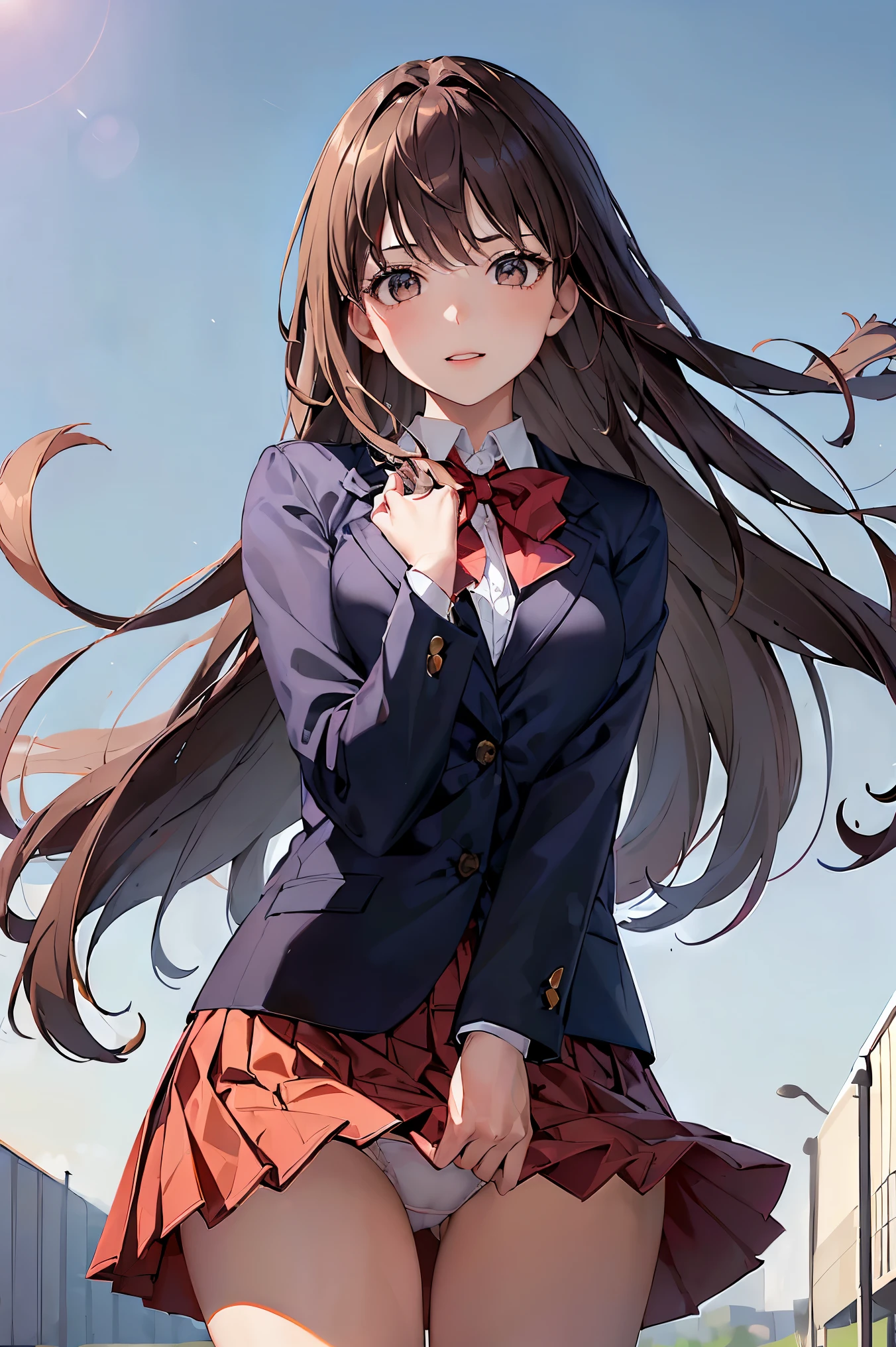 Anime girl in a short skirt and jacket posing for a picture - SeaArt AI