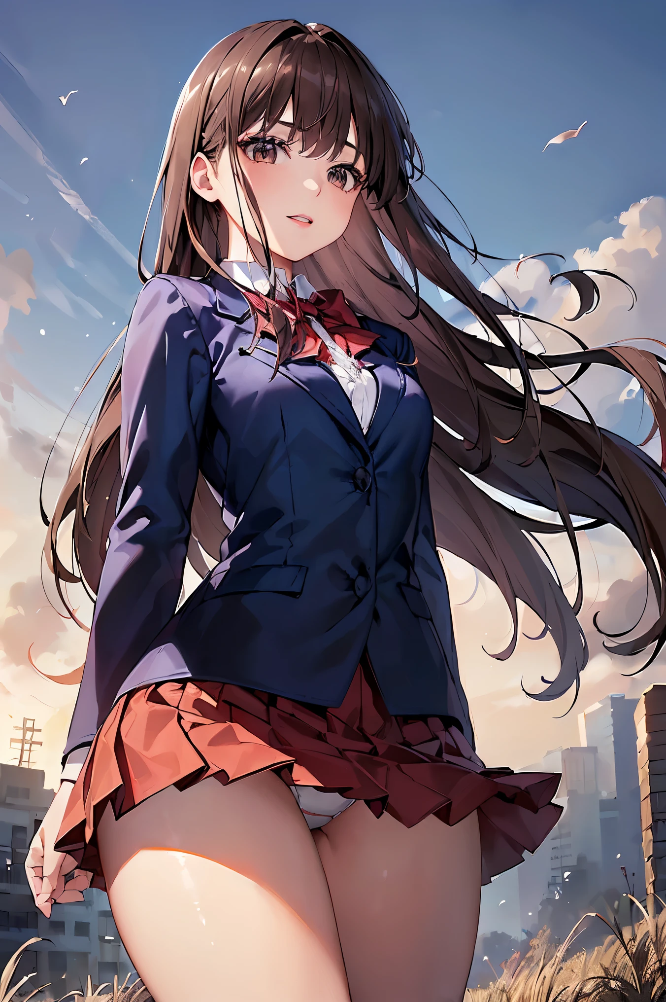 ((masterpiece, highest quality, High resolution, UHD, perfect pixel, Depth of bounds written, 4K, rtx, HDR))), Morning route to school、1 girl、draw the whole body、perspective from below、pure white skin, beautiful art style, (long straight hair, bangs, brown hair:1.2,)( curly hair:0.3), White hairpin、((dark brown eyes:1.4, round eyes,droopy eyes、beautiful eyelashes, realistic eyes)),, ((smooth texture:1.2, realistic texture:1.1, realistic:1.1, The wind is blowing、Anime CG style)), medium breasts, perfect body, ((portrait, throw)), ((red bow tie, school uniform, navy blue jacket, open jacket, white shirt, red pleated skirt、white panties)), smile, open your mouth、teeth、Skirt flips in the wind