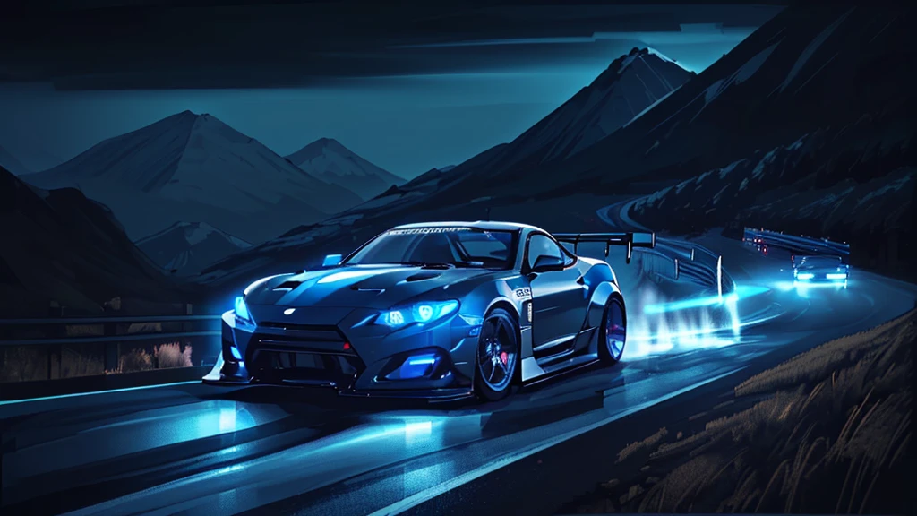 (black sports car, blue headlights, drift driving, car racing), (mountain pass road at night, blue neon), (8k, extremaly detailed, lighting like a movie, lense flares)