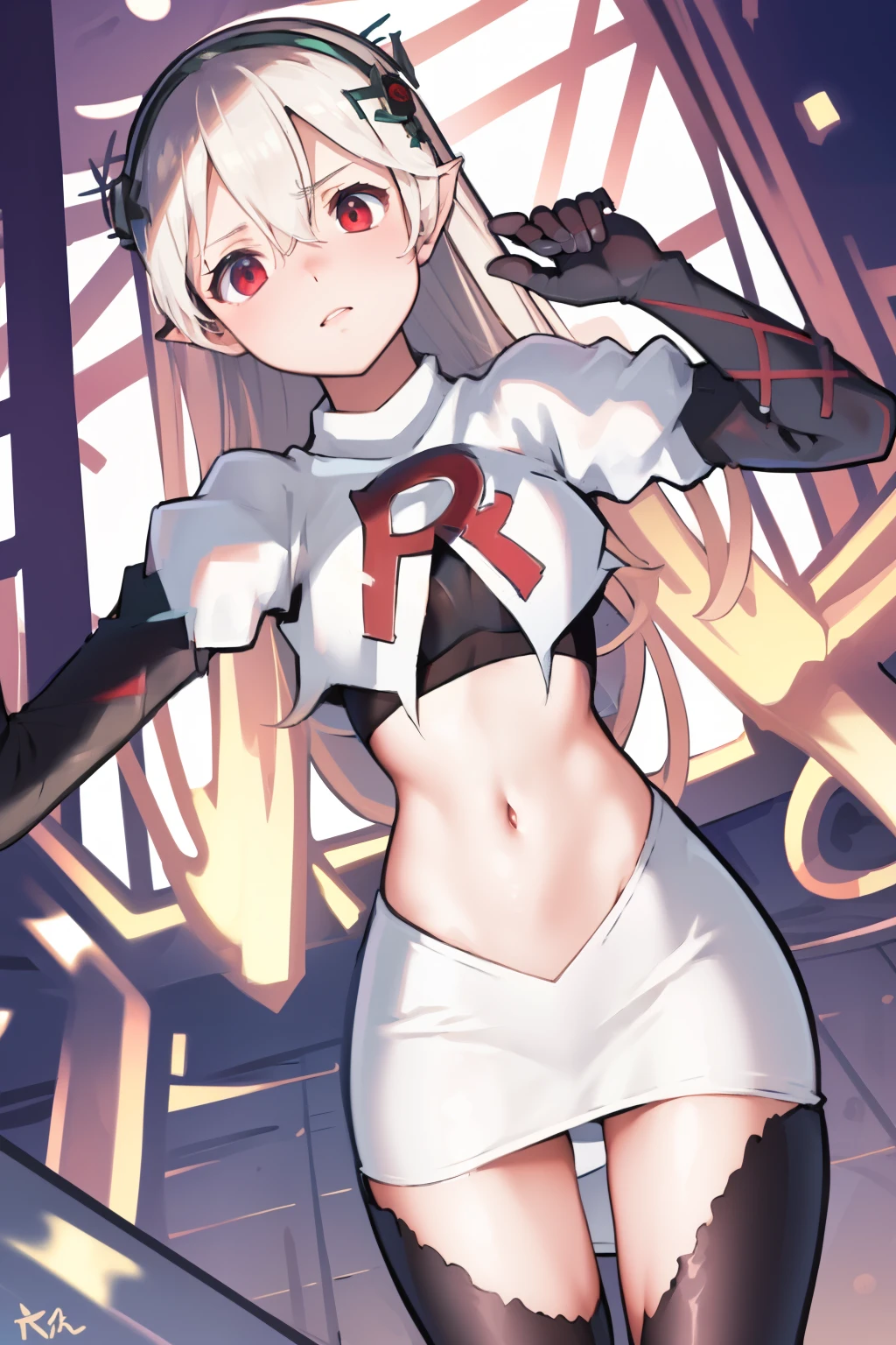 masterpiece, best quality, respCorrin, hair ornament, rose, team rocket,team rocket uniform, red letter R, white skirt,white crop top,black thigh-highs,black elbow gloves