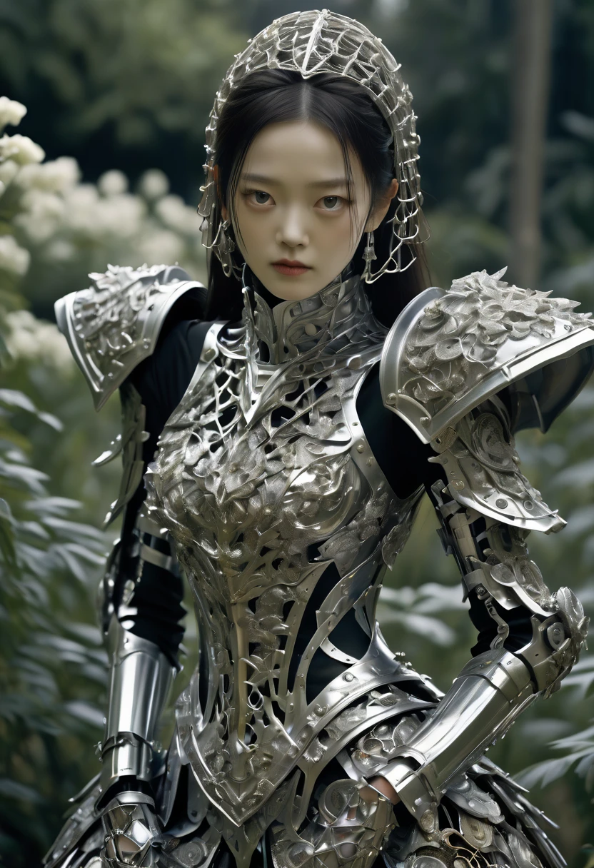 Balenciaga fashion, a girl wearing a metal dress with chains, face covered in metal and silver glitter, wearing louis vuitton armor, alexander mcqueen haute couture, silver intricate armor, cyborg fashion shot, jeweled costume, intricate armour costumes, by Alexander McQueen, intricate costume design, inspired by Alexander McQueen, ornate armor covered in thorns, wearing intricate steel armor, Overgrown botanical garden, mutated flora intertwined with skeletal remains, a lone figure seeking a cure. , cinematic movie by Park Chan-wook , Robert Richardson