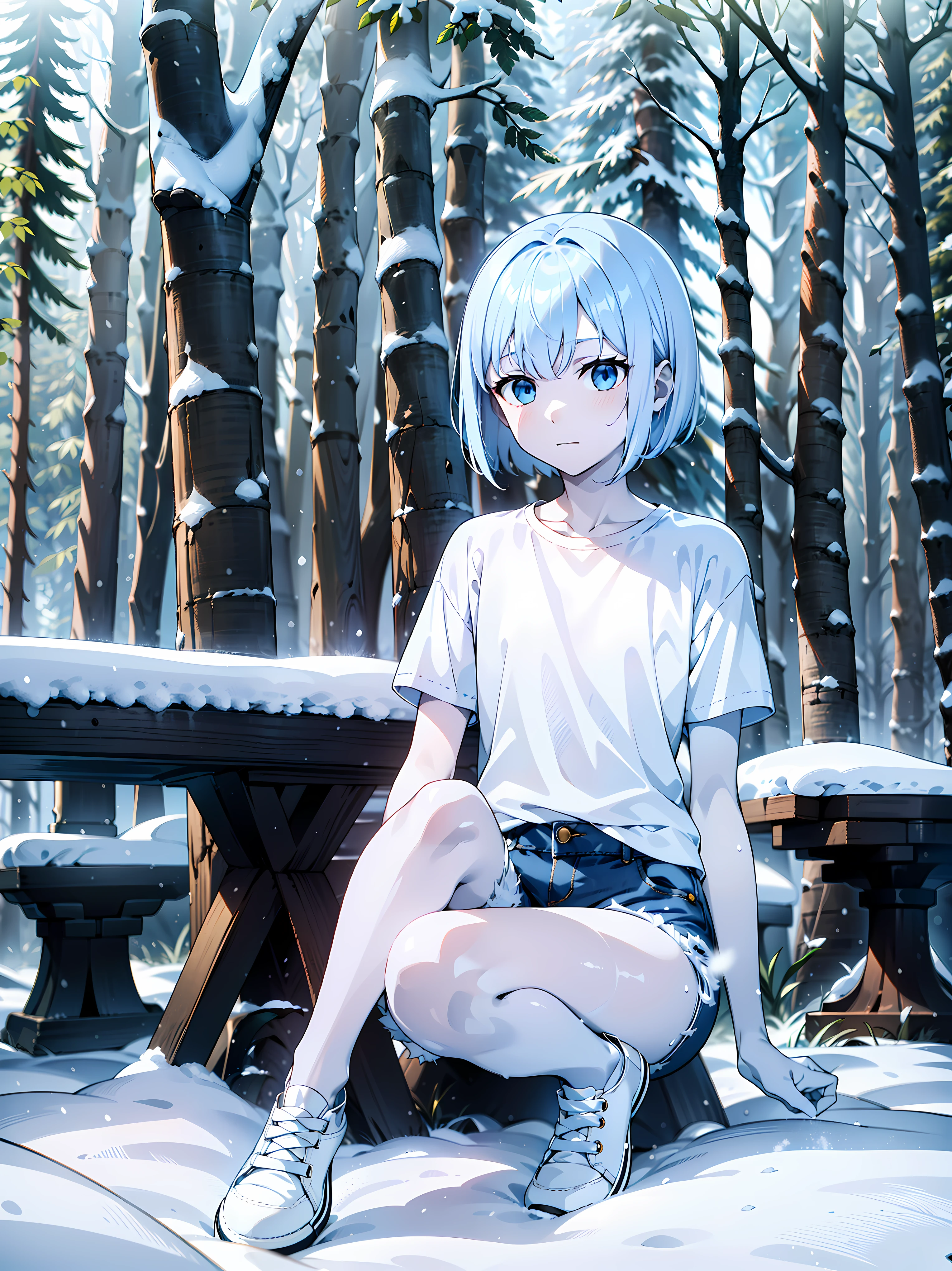 outdoors, snow forest, absurdres, high quality, highres, 1girl, solo, super pale skin, life-size-body, young, thin, skinny, light blue hair, bangs, bobcut, plain white t-shirt, blue denim short, all-white shoes, ROSA20