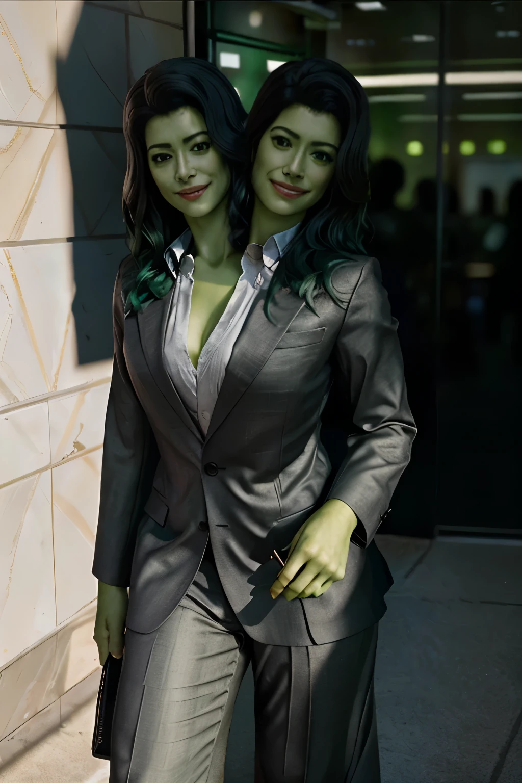(realistic:1.1), (photorealistic:1.2), best quality, masterpiece, detailed background, detailed face, detailed skin texture, real shadows, realistic lighting, dramatic lighting, natural lighting, BREAK 1girl, shehulk, formal, suit, green skin, colored skin, office background ,conjoined dicephalus,((2heads)), smiling confidently,  sexy, full body, holding a briefcase