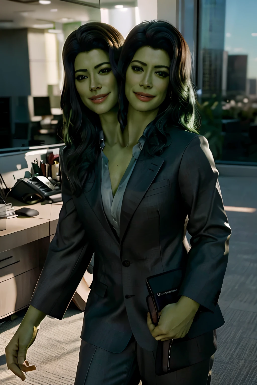 (realistic:1.1), (photorealistic:1.2), best quality, masterpiece, detailed background, detailed face, detailed skin texture, real shadows, realistic lighting, dramatic lighting, natural lighting, BREAK 1girl, shehulk, formal, suit, green skin, colored skin, office background ,conjoined dicephalus,((2heads)), smiling confidently, sexy, full body, holding a briefcase