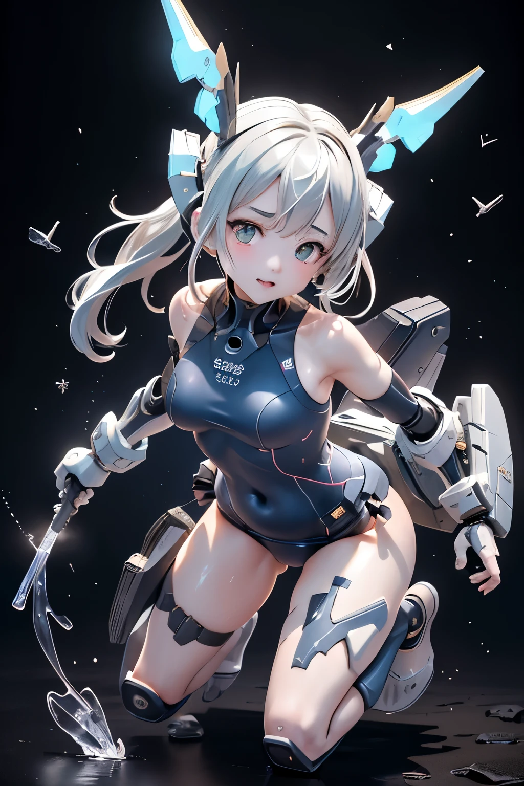 (highest quality)), ((masterpiece)), (very detailed: 1.3), 3D, (wear dark blue Old School Swimsuit under armor:1.3), 1 girl, (She is fused with futuristic Gundam mecha:1.1), with headgear, add v-fin to the forehead, armored shoulders,armored under arms, armored under legs, 2 marine thrusters attached on back, marine thrusters are symmetrical, under the calm waters of Iceland:1.2, under water, multilayer textureperfect proportions, octane rendering, duotone lighting, Low ISO, wide aperture, White balance, Rule of thirds, ultra HD16k, HDR (High Dynamic Range), Ray Tracing, NVIDIA RTX, Super Resolution, Subsurface Scattering, PBR Texturing, Post Processing, Anisotropic Filtering, Depth of Field, Maximum Clarity and Clarity, High efficiency subpixel, subpixel convolution, particles of light, light scattered, Tyndall effect, full body:1.5, battle pose, cute, (cute:1.2), (セミロング:1.3),三つ編み, 黒髪, 太い眉毛, 薄い色の虹彩, 大きくて輝いている黒い瞳, 長いまつげ, 小さく薄い色の自然な唇, (Average face of Japanese idols), (日本人特有の童顔:1.3), (), 広いおでこ:1.2, ふっくらした頬, 小さな顎, looking at viewer,Focus on the eyes, (完璧な4本の指, 親指1本),