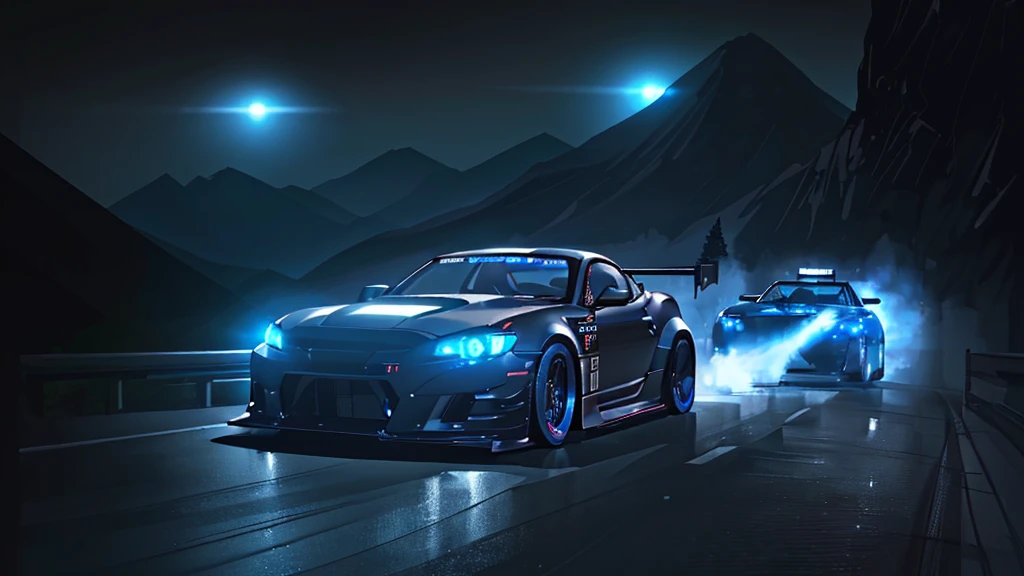 (black sports car, blue headlights, drift driving, car racing), (mountain pass road at night, blue neon), (8k, extremaly detailed, lighting like a movie, lense flares)