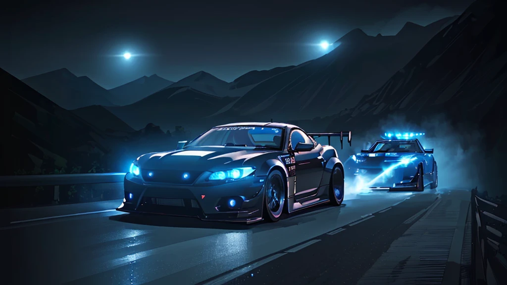 (black sports car, blue headlights, drift driving, car racing), (mountain pass road at night, blue neon), (8k, extremaly detailed, lighting like a movie, lense flares)