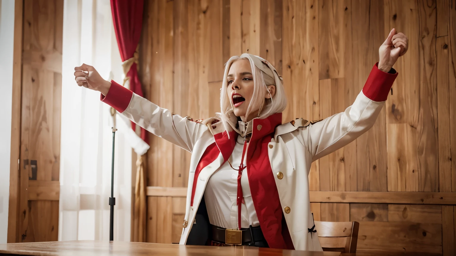 a woman wearing a white military overcoat, wearing a red cape with gold accessories, with her arms up while shouting angrily, with white hair, speaking into a microphone on a wooden table, woman president, red and white flag behind the woman, 4k, photorealistic, professional photography