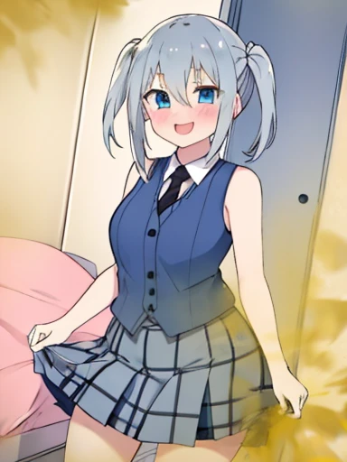 1 girl, (Chiquita:1.2), Kaho Hinata, twin tails, big breasts, smile,fart、shyness、blush、girl's room、Gray vest、black inner、green and blue plaid skirt、blue eyes