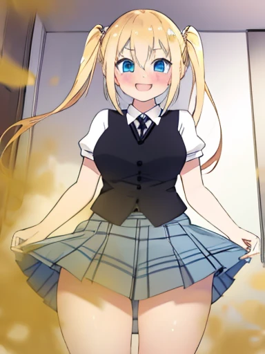 1 girl, (Chiquita:1.2), Kaho Hinata, twin tails, big breasts, smile,fart、shyness、blush、girl&#39;s room、Gray vest、black inner、green and blue plaid skirt、blue eyes