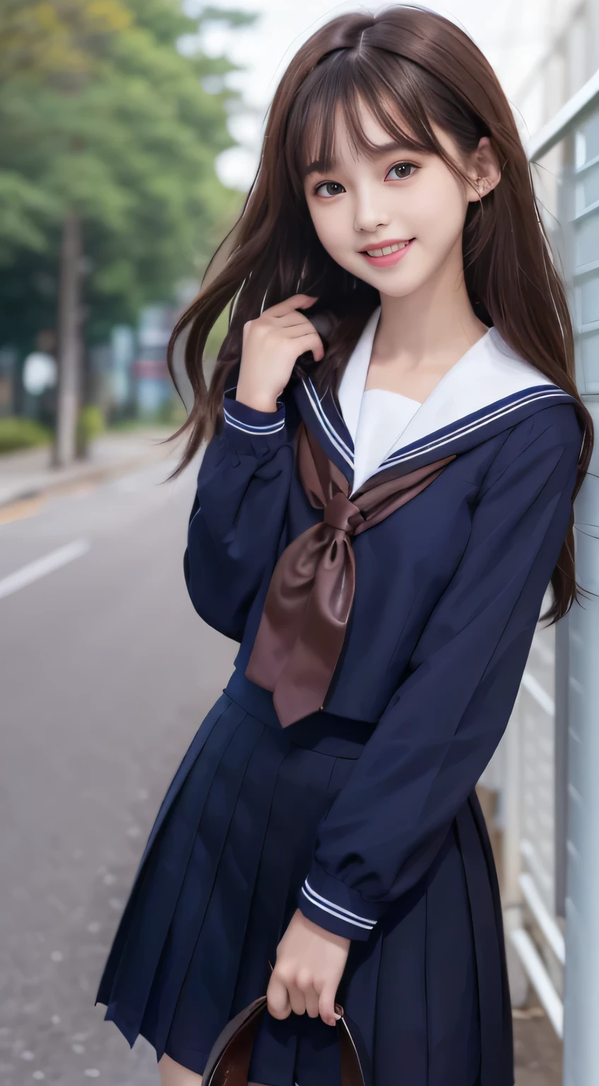 (15 year old girl), (medium breasts), (Japan Schoolgirls), (white teeth), (smile:1.2), (laughter:1.2), (brown hair:1.4), (bright hair), dull bangs, hair behind the ear, shoulder hair, (black eye), (Big eyes:1.2), (long hair), ( slender body shape), (thin face), delicate lips, (beautiful eyes), light blush, brown eyes, (shiny skin, perfect skin :1.3), (sailor suit:1.3, Flared skirt in navy blue)