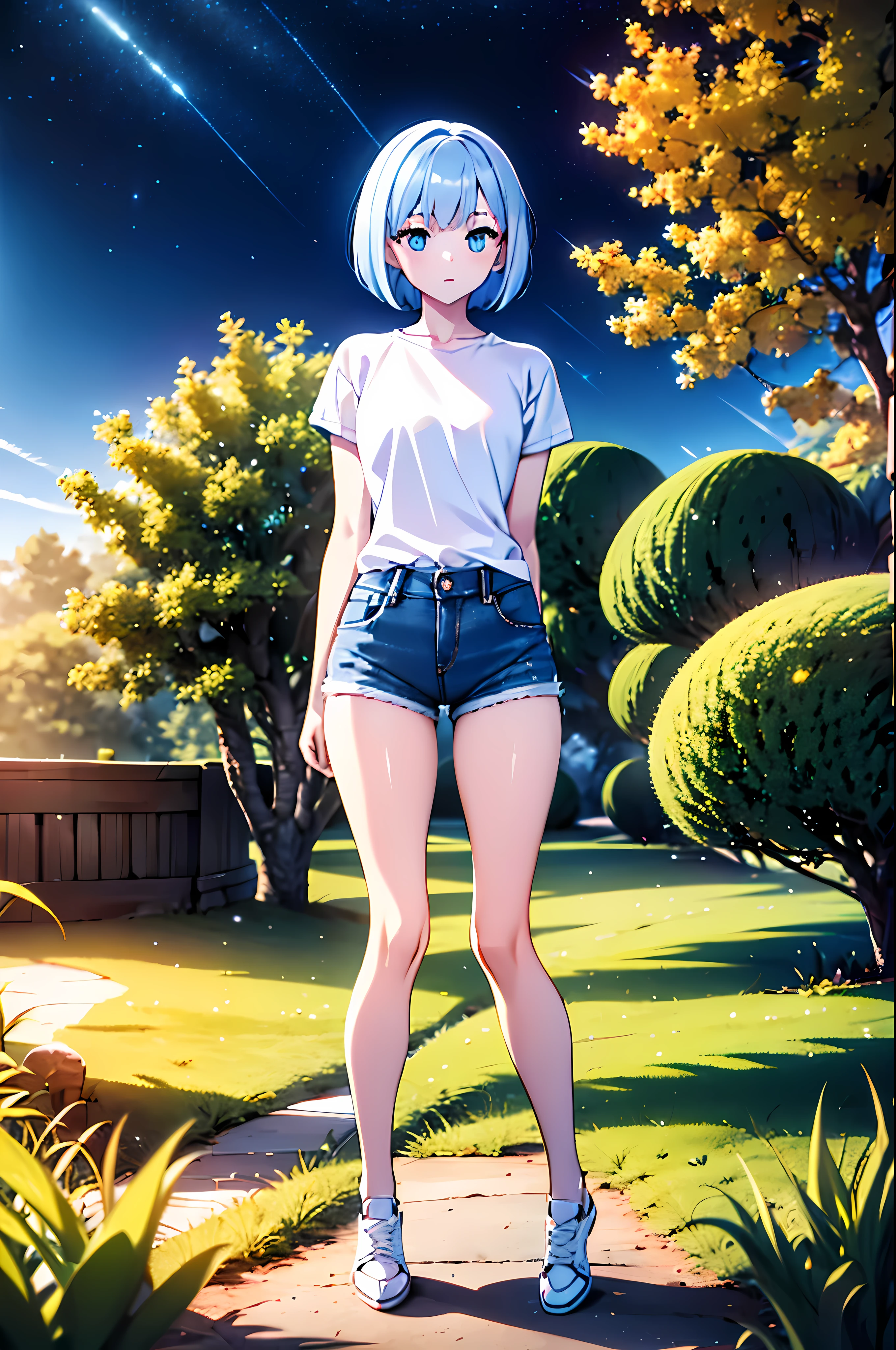 outdoors, snow forest, night sky, absurdres, high quality, highres, 1girl, solo, super pale skin, life-size-body, young, thin, skinny, light blue hair, bangs, bob cut, plain white t-shirt, blue denim short, all-white shoes, ROSA20