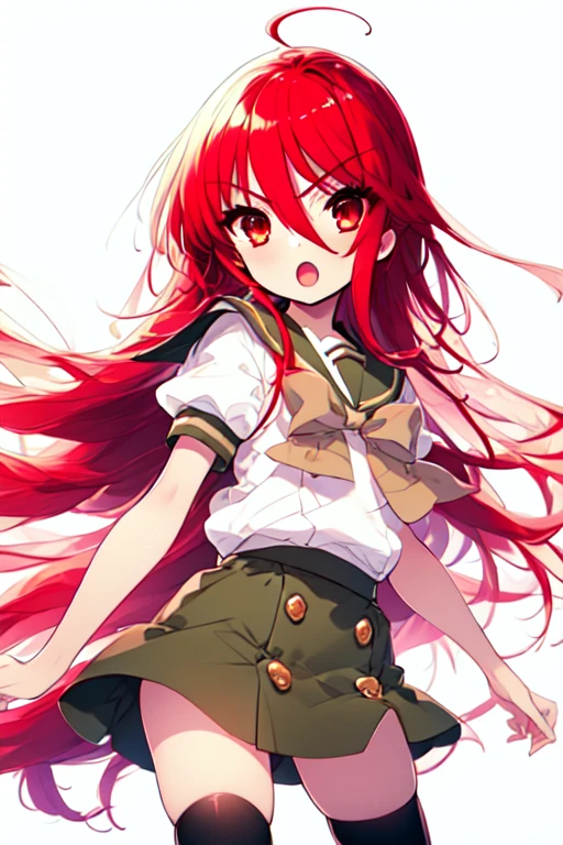 1 girl, cowboy shot, rubble ruins, anger, (combat readiness:1.2), open your mouth, (night:1.2), Explosive inflammation,Shana, red eyes, redhead, very long hair, hair between eyes, (Ahoge:1.1), , school uniform, serafuku, white shirt, short sleeve, green skirt, Thighhighs, Black Rider Suit,Left hand flame Japanese sword,Wiping my right hand mouth,highest quality, masterpiece, High resolution, 