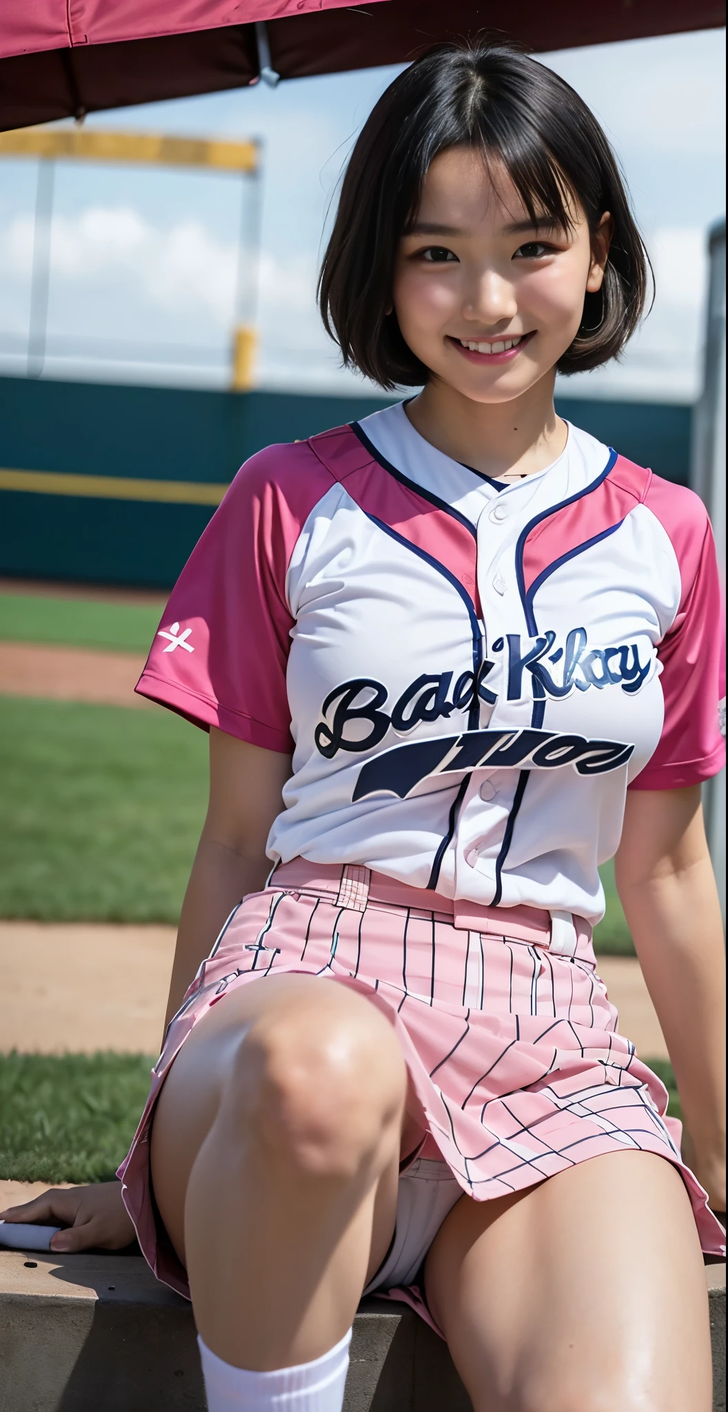 (8K、Raw photography、highest quality、masterpiece:1.2),(black haired、very short hair:1.7),show viewer,Looking at the front,erotic,白いskin,(wearing a pink and white baseball uniform:1.6)、(Clothing that emphasizes the shape of your chest、publish one'skin:1.5)、(big breasts :1.5)、slim body shape、ultra high resolution,beautiful,beautiful fece,(alone, alone、no background:1.9),whole bodyボディー,japanese woman,(Photoreal:1.37)、photon mapping,reality、(Cute with a : 1.1)、(cute smile: 1.7)、(With a round face: 1.8)、radio city、Physically based rendering、depth of field rally background、photograph, (I can see your knees,close up of thighs、The navy blue and pink plaid skirt is too short.....、spread your legs、showing off white panties:1.3),whole body、super fine