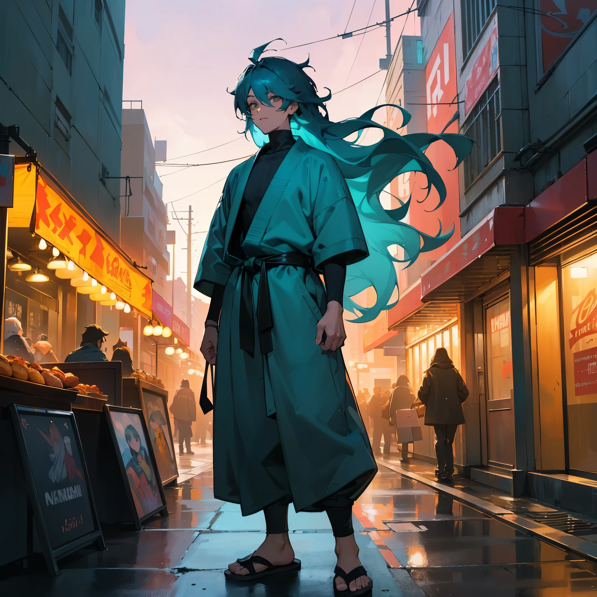 (best quality,4k,8k,highres,masterpiece:1.2),ultra-detailed,male,Long Wavy Hair,Messy Hair,extremely detailed hair,bright teal hair color,beautiful detailed eyes and face,tall man,black fitted turtleneck,white baggy Judo Gi,grey baggy pants,wooden sandals,standing on sidewalk,strong and muscular body,confident posture,vivid colors,sharp focus,crowded city street,ambient streetlighting,dynamic shadows,lively urban atmosphere,colorful graffiti on the wall,blurred pedestrian movement in the background,street vendors selling food,flashes of neon lights,bokeh effect,urban art style,sunset color palette