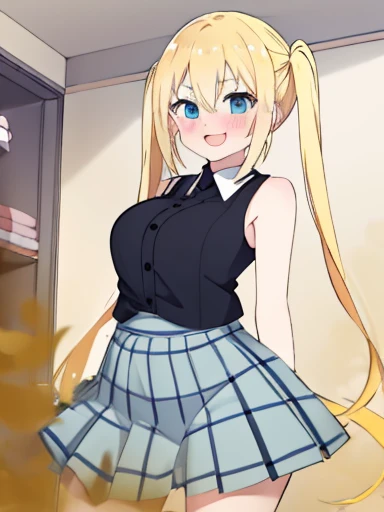 1 girl, (Chiquita:1.2), Kaho Hinata, twin tails, big breasts, smile,fart、shyness、blush、girl's room、Gray vest、black inner、green and blue plaid skirt、blue eyes、blonde