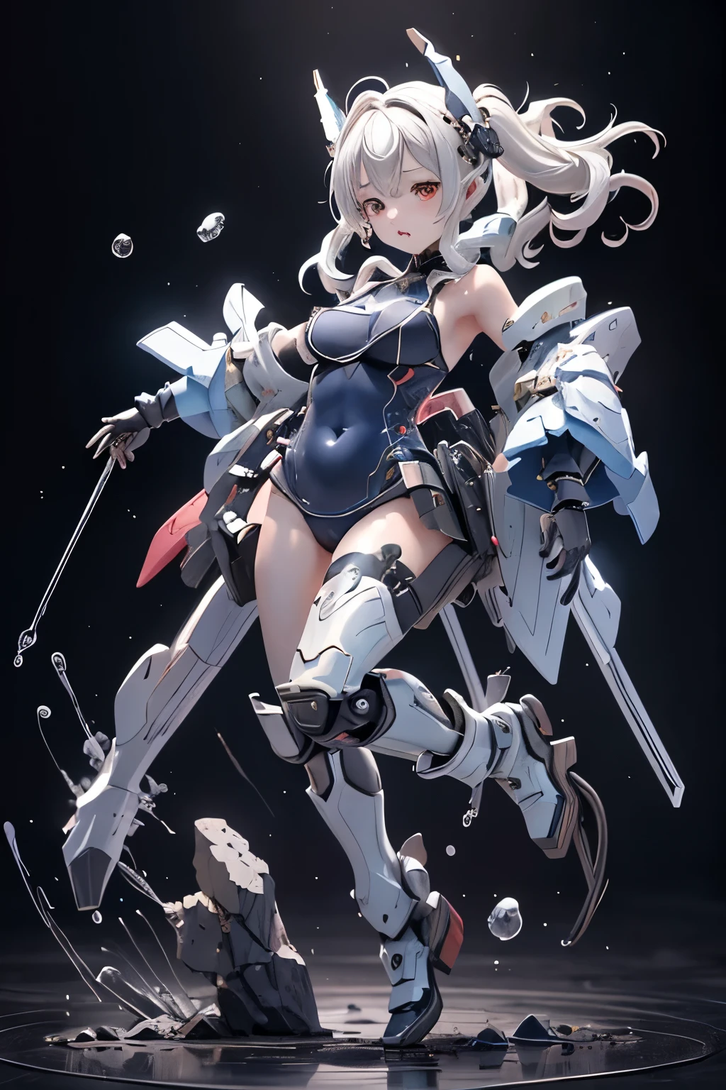 (highest quality)), ((masterpiece)), (very detailed: 1.3), 3D, (wear dark blue Old School Swimsuit under armor:1.3), 1 girl, (She is fused with futuristic Gundam mecha:1.1), with headgear, add v-fin to the forehead, armored shoulders,armored under arms, armored under legs, 2 marine thrusters attached on back, marine thrusters are symmetrical, under the calm waters of Iceland:1.2, under water, multilayer textureperfect proportions, octane rendering, duotone lighting, Low ISO, wide aperture, White balance, Rule of thirds, ultra HD16k, HDR (High Dynamic Range), Ray Tracing, NVIDIA RTX, Super Resolution, Subsurface Scattering, PBR Texturing, Post Processing, Anisotropic Filtering, Depth of Field, Maximum Clarity and Clarity, High efficiency subpixel, subpixel convolution, particles of light, light scattered, Tyndall effect, full body:1.5, battle pose, cute, (cute:1.2), (セミロング:1.3),三つ編み, 黒髪, 太い眉毛, 薄い色の虹彩, 大きくて輝いている黒い瞳, 長いまつげ, 小さく薄い色の自然な唇, (Average face of Japanese idols), (日本人特有の童顔:1.3), (*********), 広いおでこ:1.2, ふっくらした頬, 小さな顎, looking at viewer,Focus on the eyes, (完璧な4本の指, 親指1本),