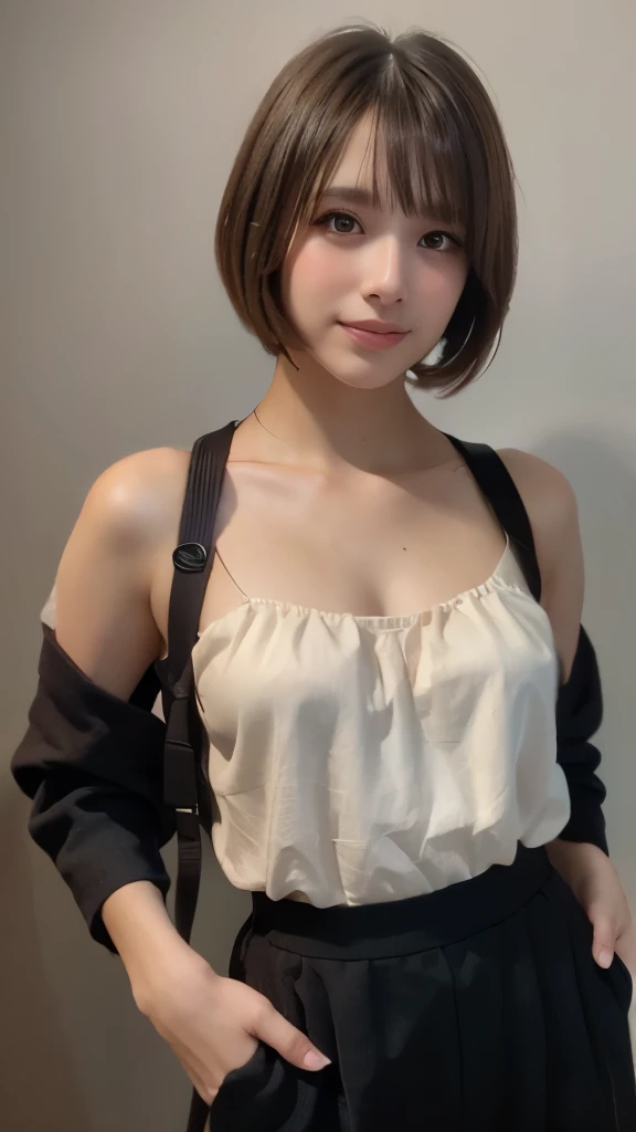 mix 4,(highest quality), (realistic),(Simple white background:1.2), (21 year old girl 1:1.5), Upper body, high detail face, smile,[ash blonde | Ginger | brown gray hair], Fujifilm XT3, beige or camel、High-waisted pants in neutral colors like silver and blue, Silk blouse and structured blazer combination, Creates a sleek and powerful look,(8K), bangs, short hair、Random attire、random sexy pose