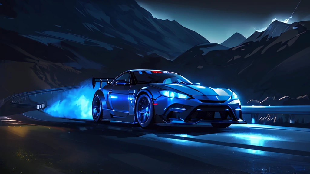 (black sports car, blue headlights, drift driving, car racing), (mountain pass road at night, blue neon), (8k, extremaly detailed, lighting like a movie, lense flares)