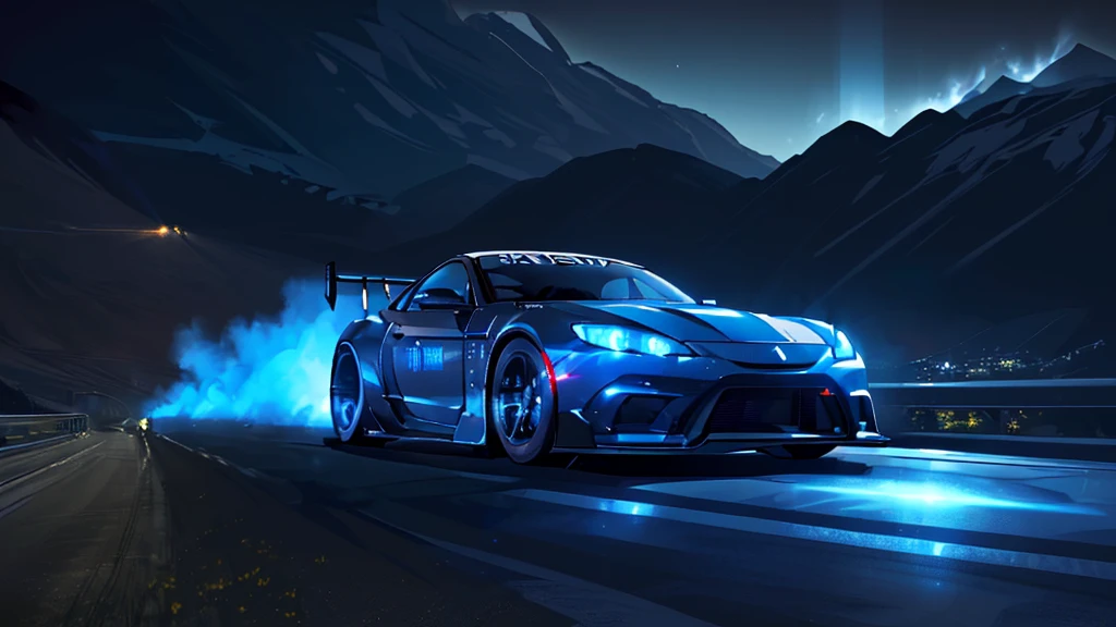 (black sports car, blue headlights, drift driving, car racing), (mountain pass road at night, blue neon), (8k, extremaly detailed, lighting like a movie, lense flares)