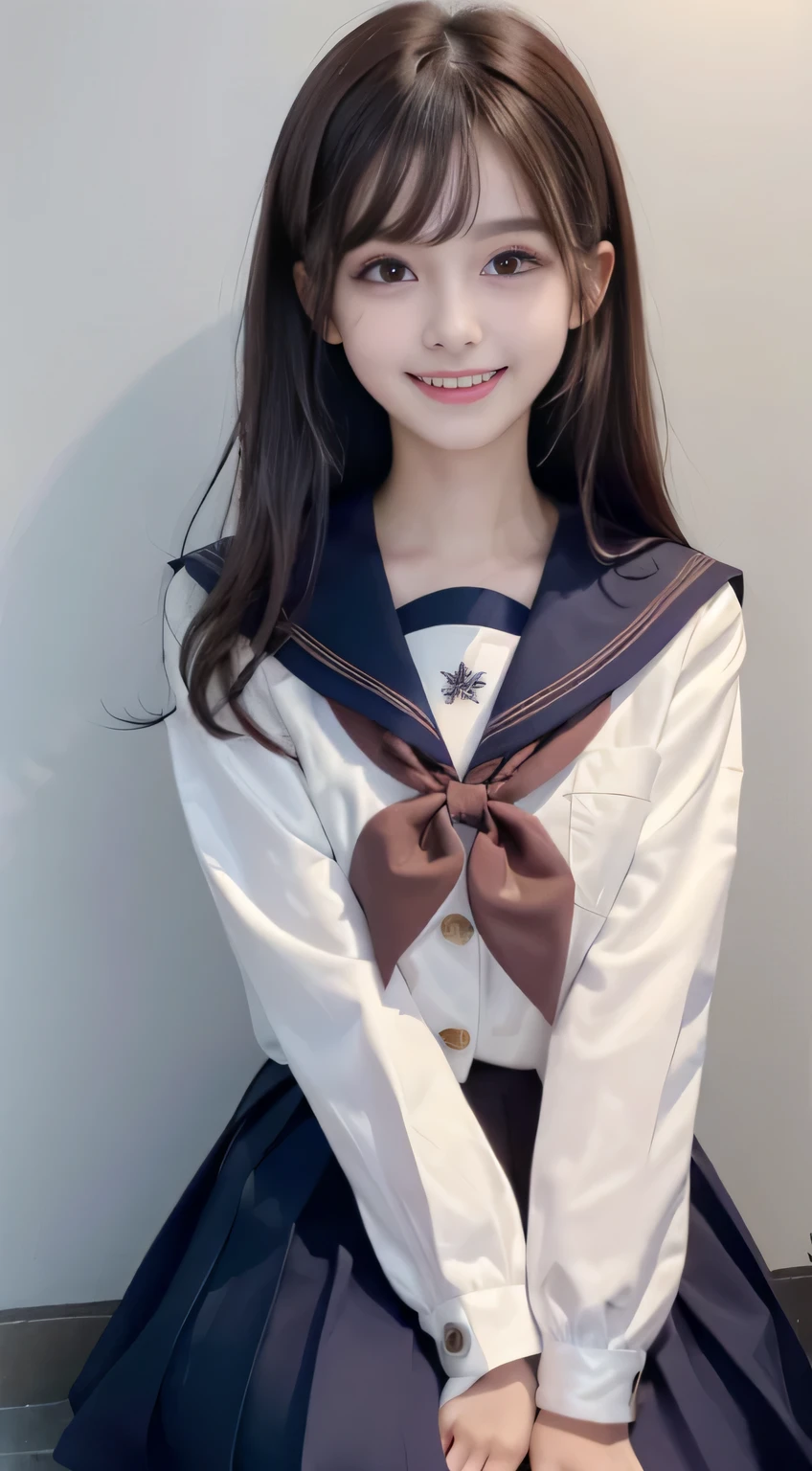 (15 year old girl), (medium breasts), (Japan Schoolgirls), (white teeth), (smile:1.2), (laughter:1.2), (brown hair:1.4), (bright hair), dull bangs, hair behind the ear, shoulder hair, (black eye), (Big eyes:1.2), (long hair), ( slender body shape), (thin face), delicate lips, (beautiful eyes), light blush, brown eyes, (shiny skin, perfect skin :1.3), (sailor suit:1.3, Flared skirt in navy blue)