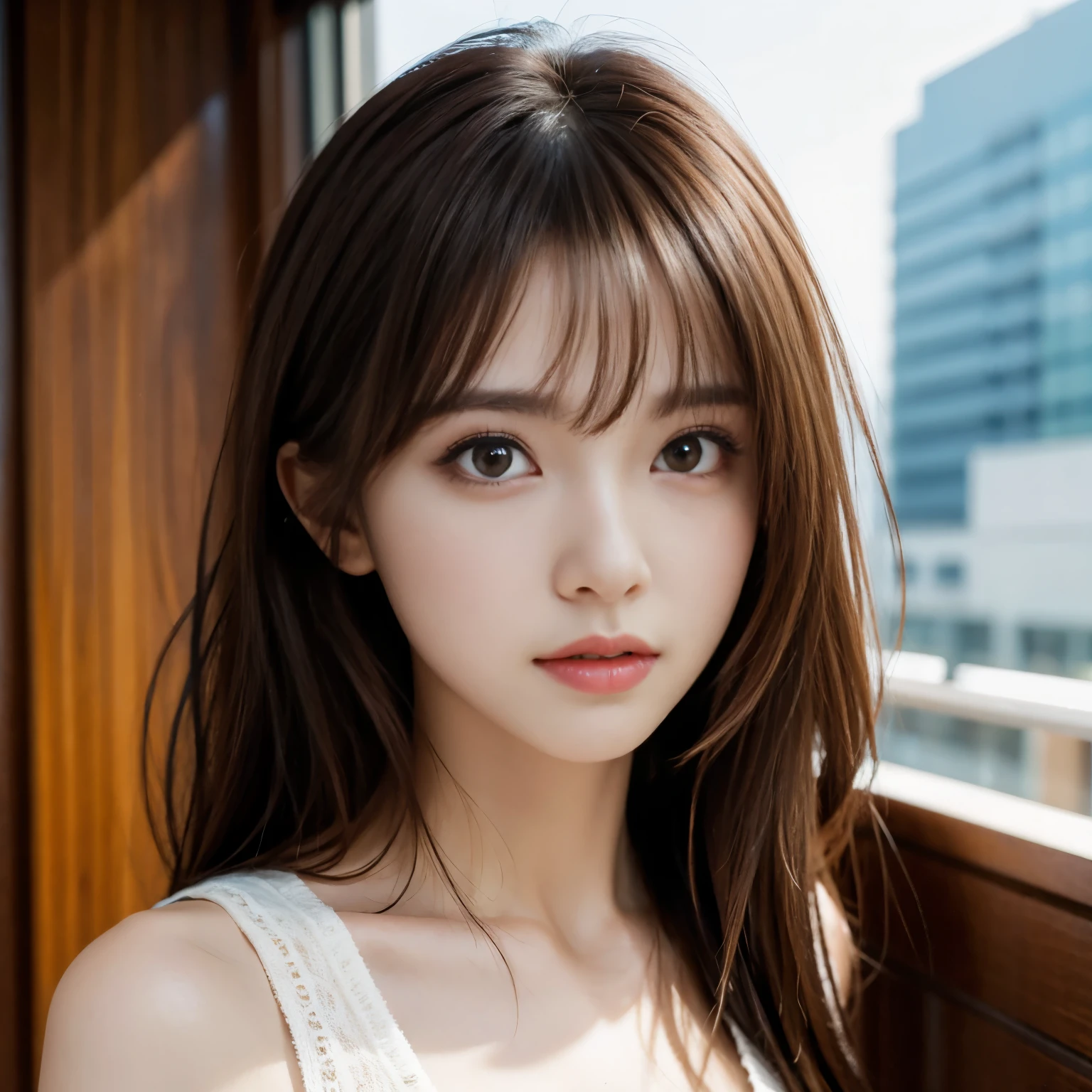 (masterpiece, ultra detailed, hyper detailed, exquisite, 16K, absurdres), woman, 19years old, glamorous, (No-makeup look:1.4), looking at viewer, medium hair, messy hair, diagonal bangs, brown hair, brown eyes, upper body, cinematic lighting, in focus with blurred background, balcony