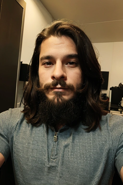 1boy, indoors, selfie, beard, realistic