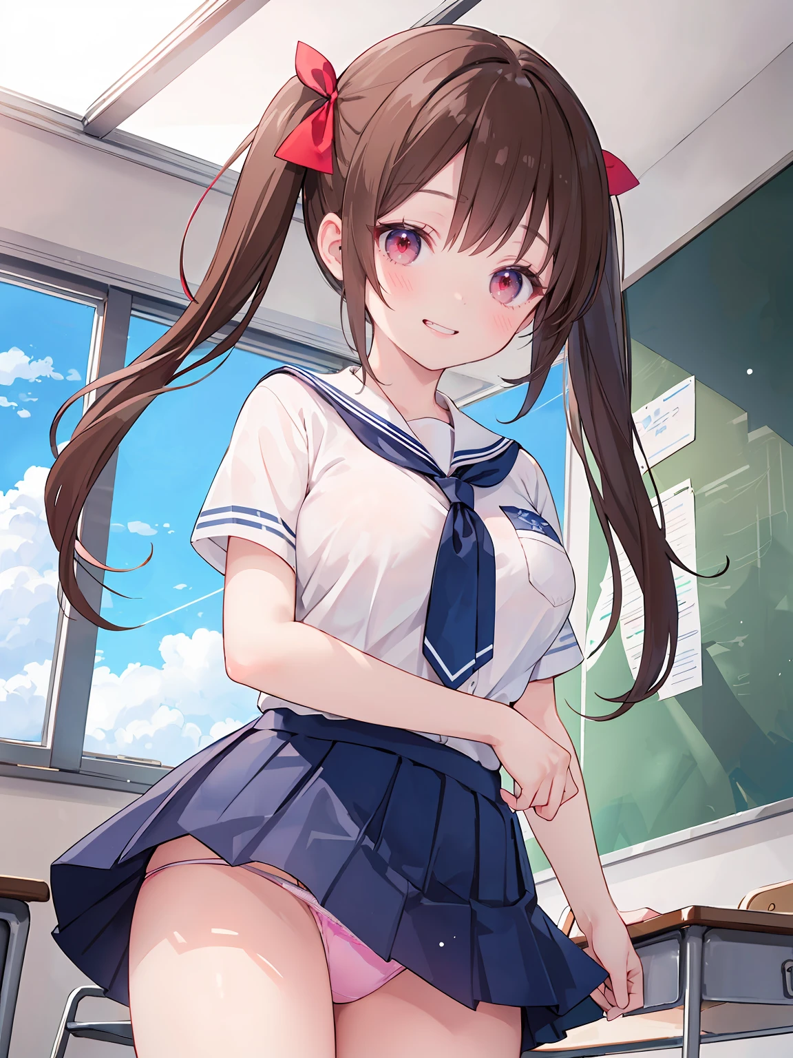 ((8K masterpiece,highest quality)), ultra high resolution, hyper detail, (1 girl), beautiful face, beautiful and delicate eyes,((red eyes)),Big eyes,shining eyes of light,Thin and long eyelashes,detailed light,((brown hair)),((long hair)), ((twin tails)),big breasts,school uniform,hair clip,hair ribbon,blitz short skirt,white knee high socks,light pink panties, Panty Pose, panty shot, (grinning smile),troubled face,(please open your mouth wide),(classroom),stand in the center of the screen,blue sky with clouds, Nice views, rainbow in the sky, particles of light, daytime, sunbeam,gust of wind,sense of speed, cowboy shot