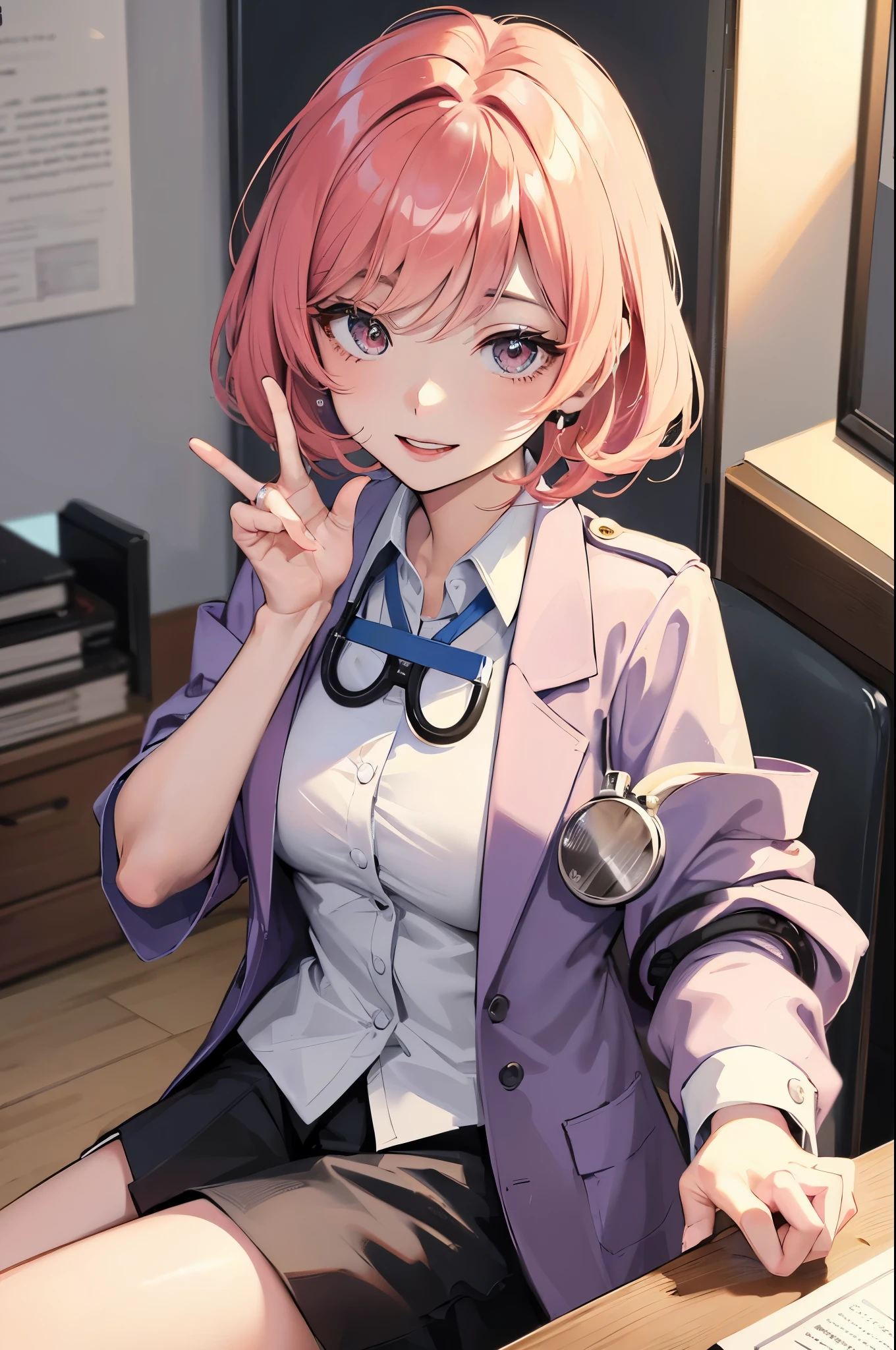 An anime girl good caring doctor sitting on his office examination room, wide smiling at you, looking at you, formal wear, stethoscope, sunny day, (five fingers, hand pose, beautiful hands, palm of your hand facing you)