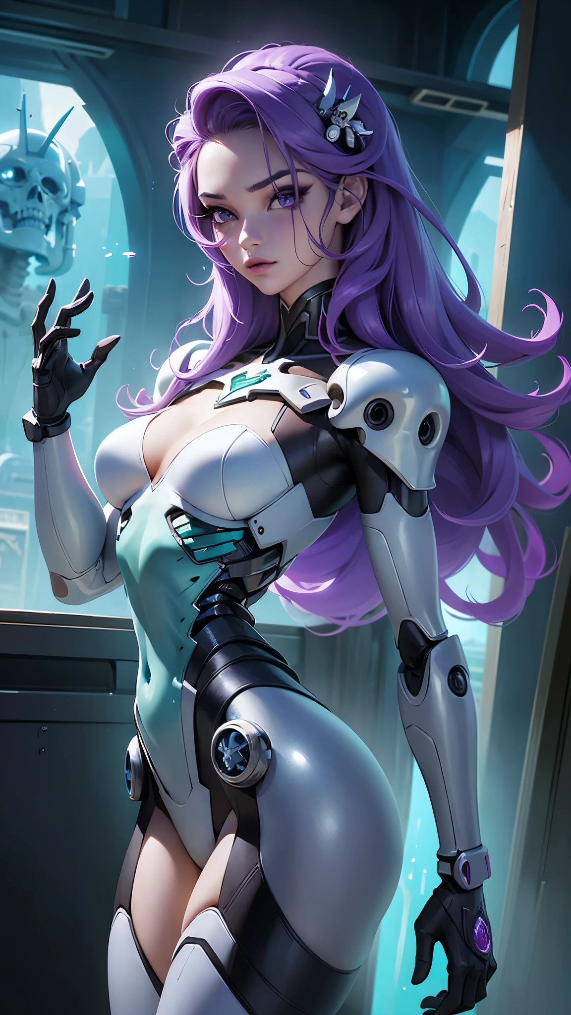 (La mejor calidad,A high resolution,Ultra - detallado,actual),Ariana Grande hermosa chica blanca cyborg esqueleto, esqueleto ciberpunk, portrait of a cybernetic skeleton, cyborg - chica con cabello plateado, beautiful chica cyborg, (chica cyborg:1.4), Mujer humanoide, hermosa chica cyborg, (She has a beautiful bone structure:1.4),,More detailed 8K.motor irreal:1.4,UHD,La mejor calidad:1.4, fotorrealista:1.4, textura de la piel:1.4, obra maestra:1.8,obra-prima, mejor calidad,objeto Objeto], (detailed face features:1.3),(Las proporciones correctas),(convexo Dedos detallados),(Ojos hermosos azules), (pose vaquero) , (fondo ciudad Tokio cyberpunkAI:1.4), (It has a transparent body inside, purple metallic cybernetic skeleton:1.4), (fondo laboratorio de atlantis:1.4) , (cuerpo transparente vidrio violeta), 
