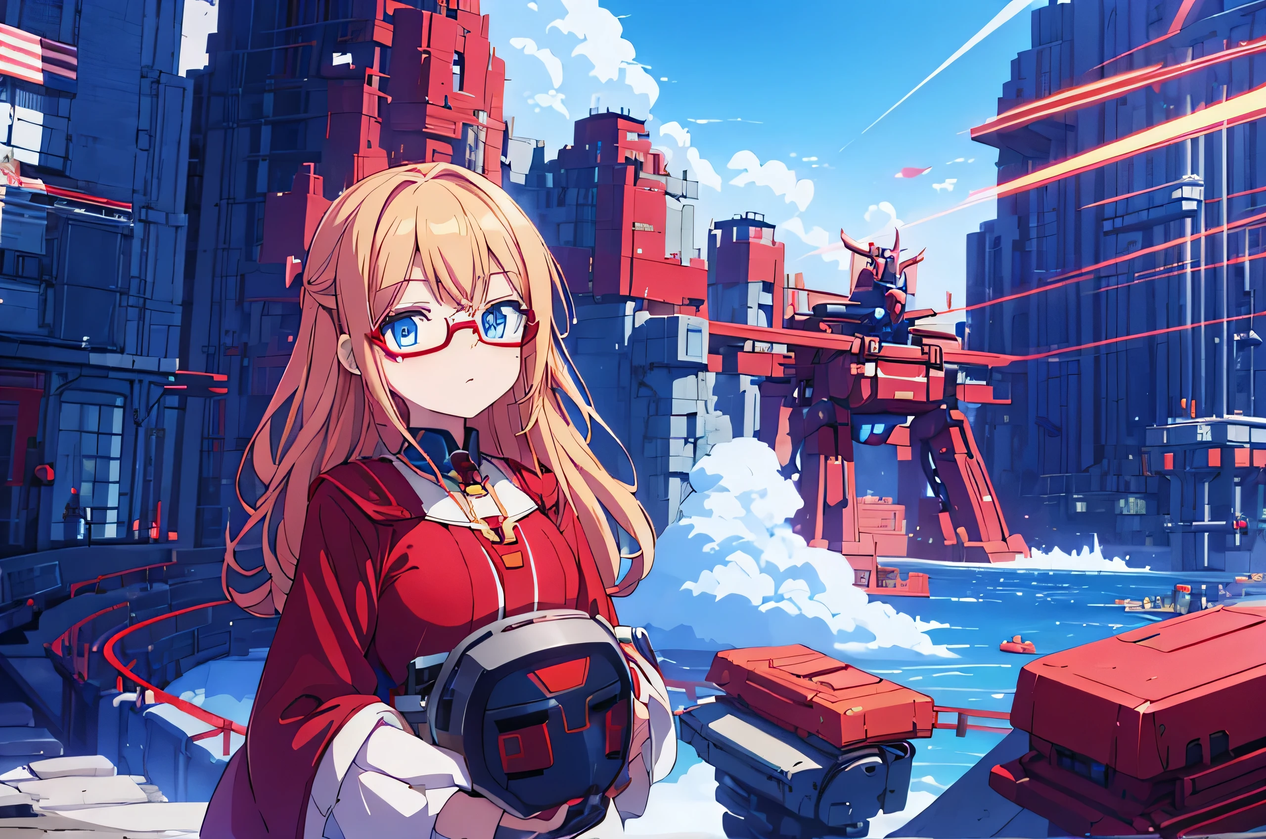 mecha, Giant mecha, Vermelho, azul, Robot face, azul Scenery, plataforma, jovem anime, cabelo loiro longo, olhos azuis, Copos, nerd, backward, roupa de bruxa, Confiando, a comemorar