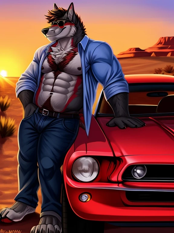 Sunset, in the desert, desert background, Car in background, 1965 Ford Mustang, red car body color, leaning against car, Male, anthro, furry, bara, muscular, male, wolf, fluffy fur, tail, dark grey fur, wearing sunglasses, open shirt, chest tuft, body hair, hairy, denim pants, ripped, smile, smug, outdoors, masterpiece, best quality, ultra detailed, 8k, digital painting \(artwork\)