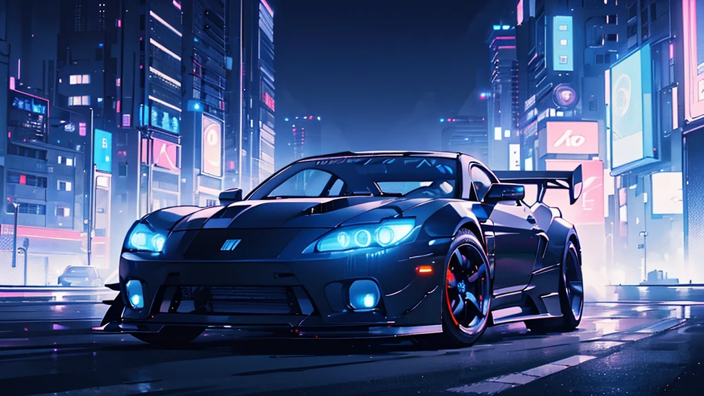 (black sports car, blue headlights, drift driving, car racing), (blue cyberpunk city, blue neon, the background is a cyberpunk-style night view of the city, cyberpunk vibe), (8k, extremaly detailed, lighting like a movie, lense flares)