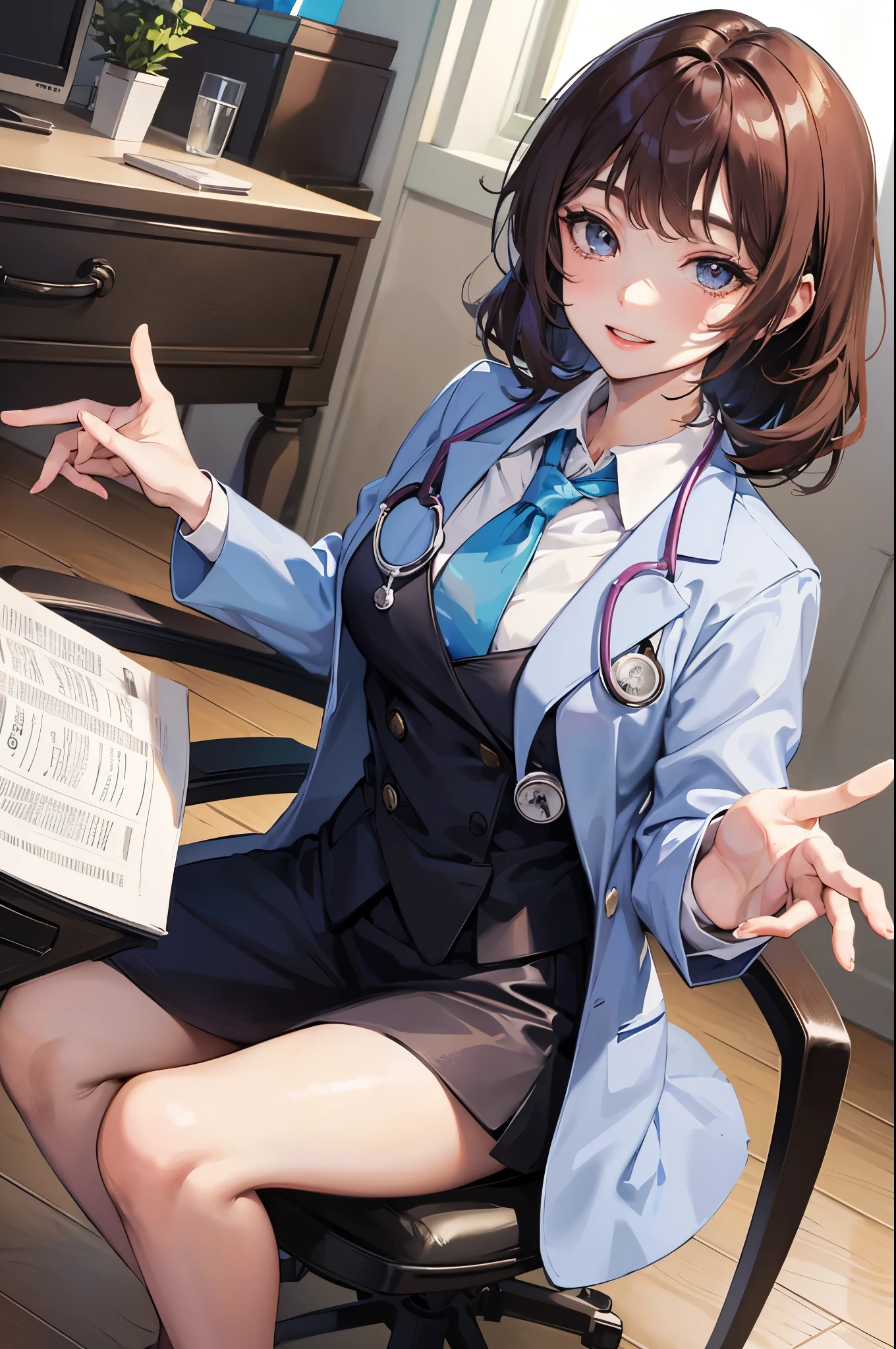 An anime girl good caring doctor sitting on his office examination room, wide smiling at you, looking at you, formal wear, stethoscope, sunny day, (five fingers, hand pose, beautiful hands, palm of your hand facing you)