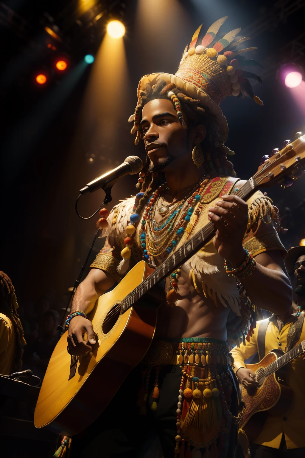 A photographic masterpiece in extremely high quality and highly detailed RAW format captures the extraordinary scene of an anthropomorphic Rasta duck, dressed in pants and charming the audience on stage with his skillful guitar playing and soulful reggae singing. The dynamic backlighting illuminates the intricately detailed feathers on his body, bringing out the vibrant colors and textures in a hyper-realistic image that truly comes alive. Each feather, each bead on his necklace, and every thread in his pants is accurately rendered, making for an unforgettable visual experience. The stage is bathed in a warm, golden light that filters through the crowd, creating a dreamlike atmosphere filled with the en