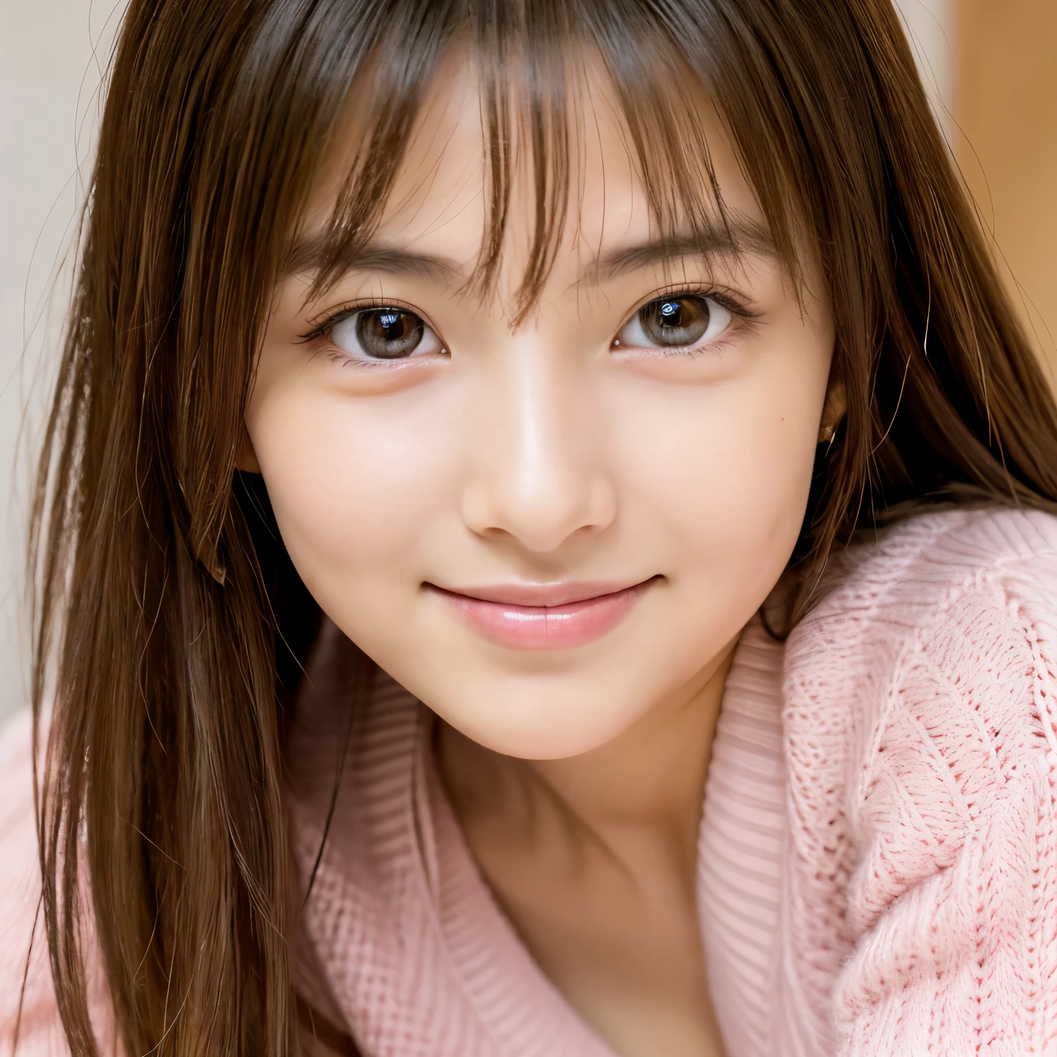 highest quality, face focus, soft light, ultra high resolution, (realistic:1.4), RAW photo, 1 japanese girl, alone, cute, (pupil, light in the eyes), detailed beautiful face, (),(High resolution details of human skin texture), (long hair), indoor,pink knit outfit, (portrait) I can see a little of her beautiful breasts、cute smile