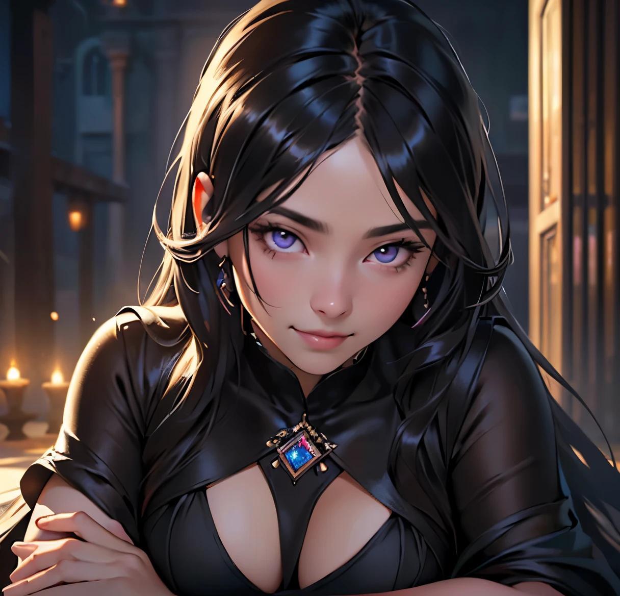 (best quality,4k,highres,masterpiece:1.2),ultra-detailed,(realistic,photorealistic,photo-realistic:1.37),jovem,feminina,black silky long hair,deep purple eyes,gentle smile,tightly fitting black dress,temple setting.