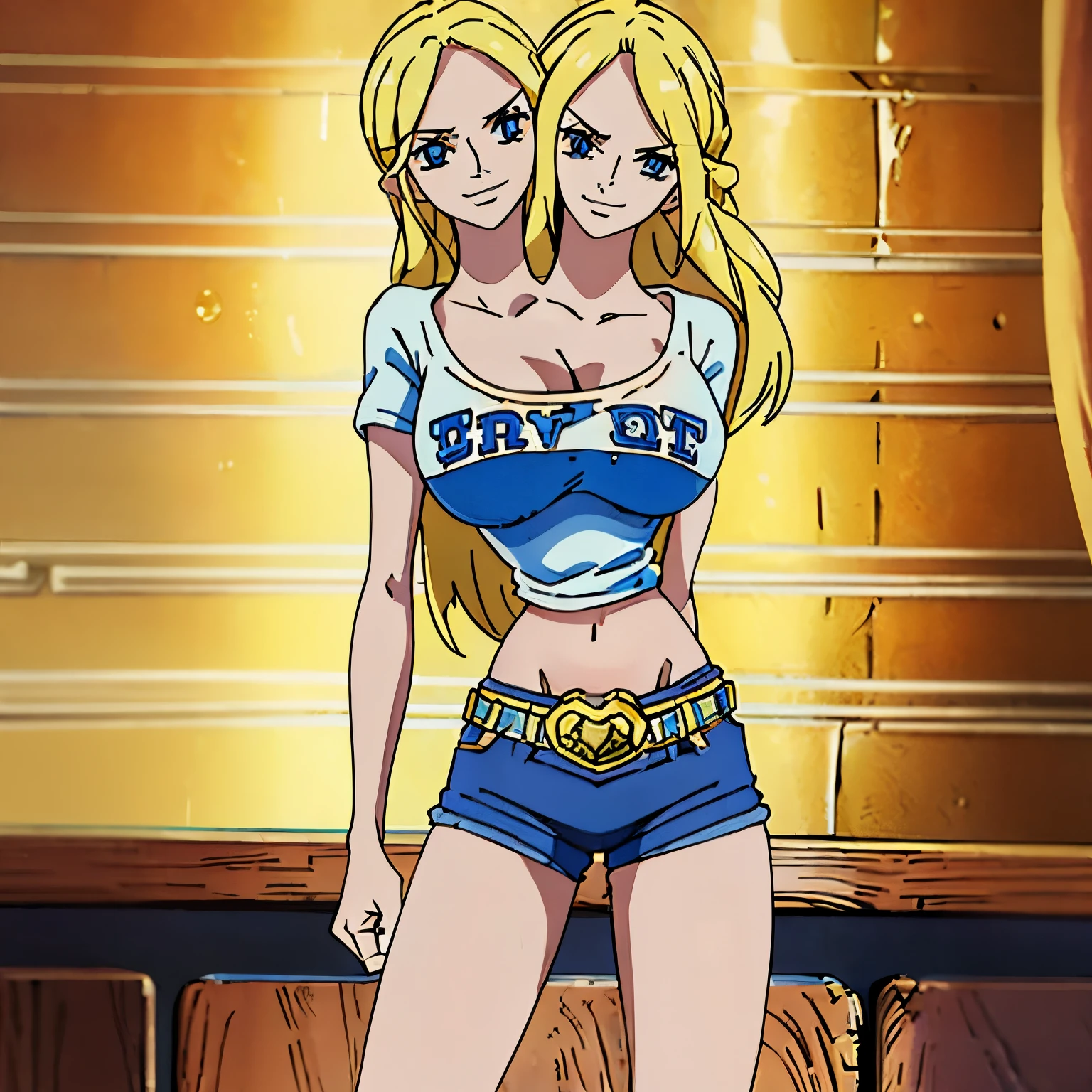 best quality, (masterpiece),(ultra-detailed), (high quality), (high resolution), (2heads:1.5) (blonde long hair), (huge breasts), cleavage, full body,best quality:1.5, highres, UHD, 4K), smiling, ((white t shirt)), wearing shoes with long socks, blue mini shorts, detailed blue eyes (mature woman), casual clothes, sexy proportions, (exposed midriff), thighs, Beautiful girl with accentuated slender abs, eyeshadow, ((cowboy shot))