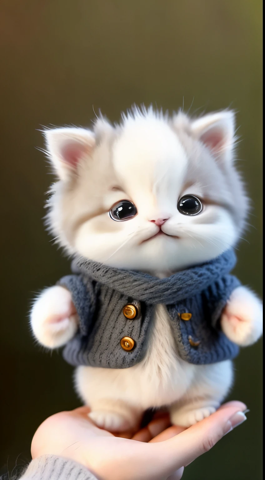 kitten in clothes， miniature kitten， Animal focus， bearded， realistic， POV Hand， ambiguous background，smile，interesting、