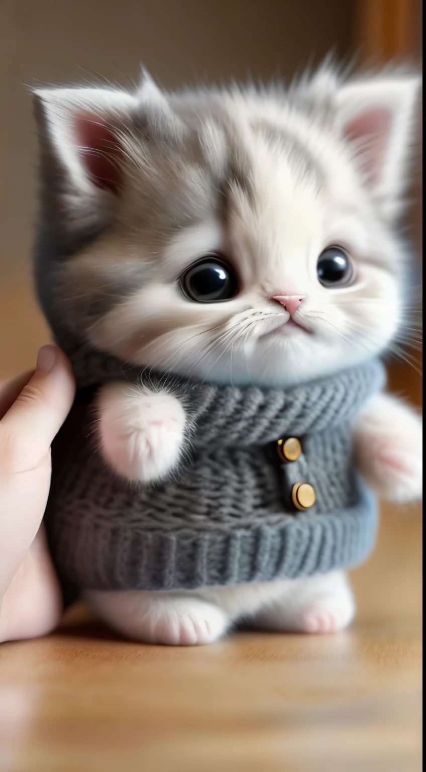 kitten in clothes， miniature kitten， Animal focus， bearded， realistic， POV Hand， ambiguous background，smile，interesting、